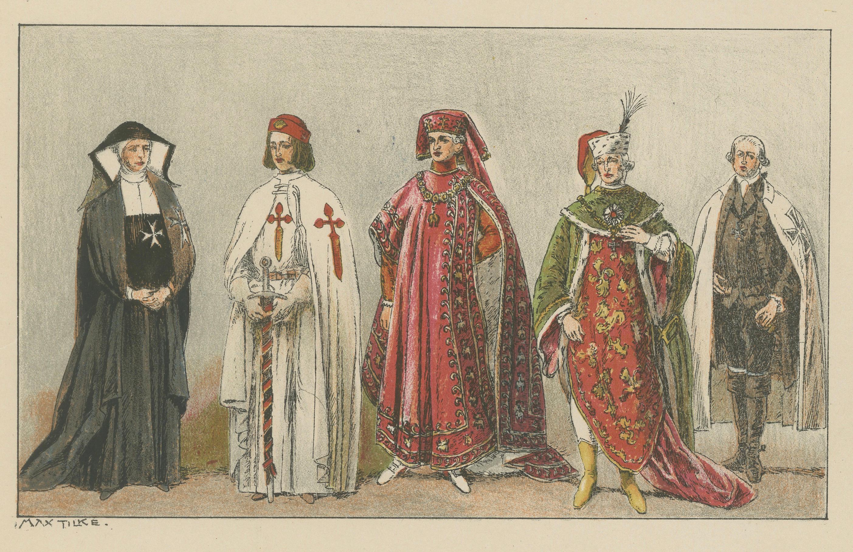 Orders of Knights, Antique Hand-Colored Print of Medieval Orders c.1880