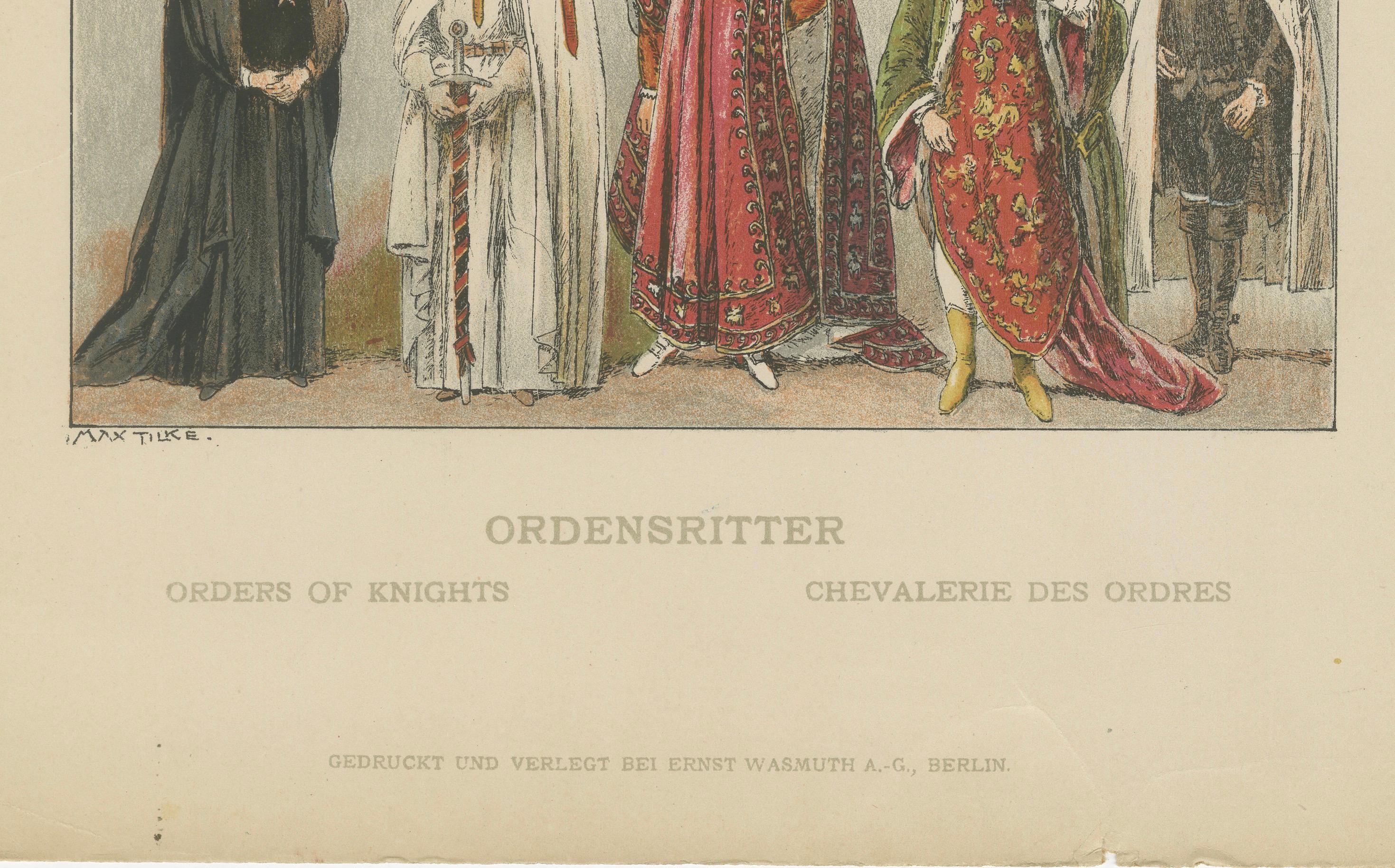 Orders of Knights, Antique Hand-Colored Print of Medieval Orders c.1880