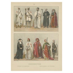 Orders of Knights, Antique Hand-Colored Print of Medieval Orders c.1880