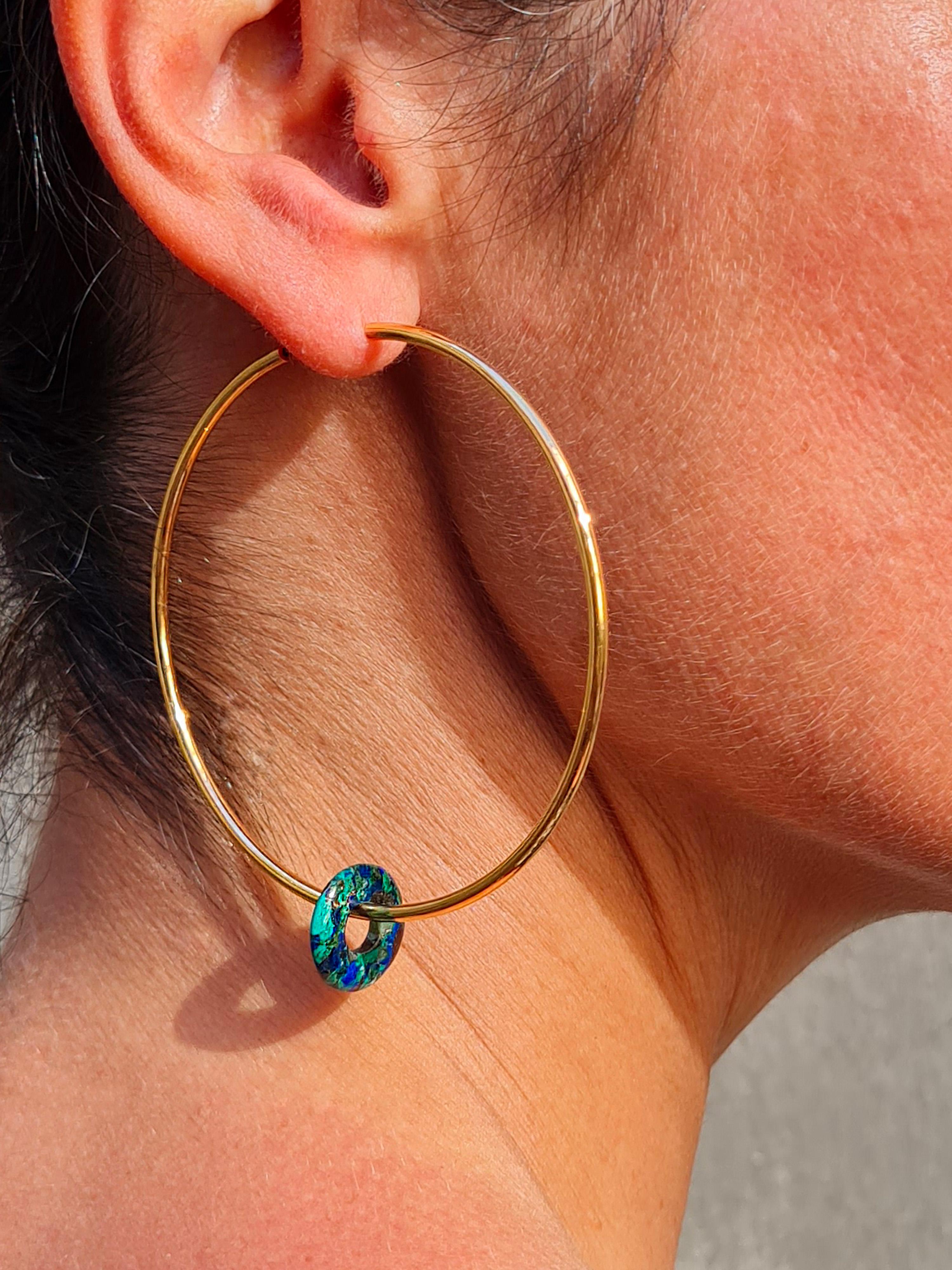 Women's 18 Kt Gold and Azurite Hoop Earrings For Sale