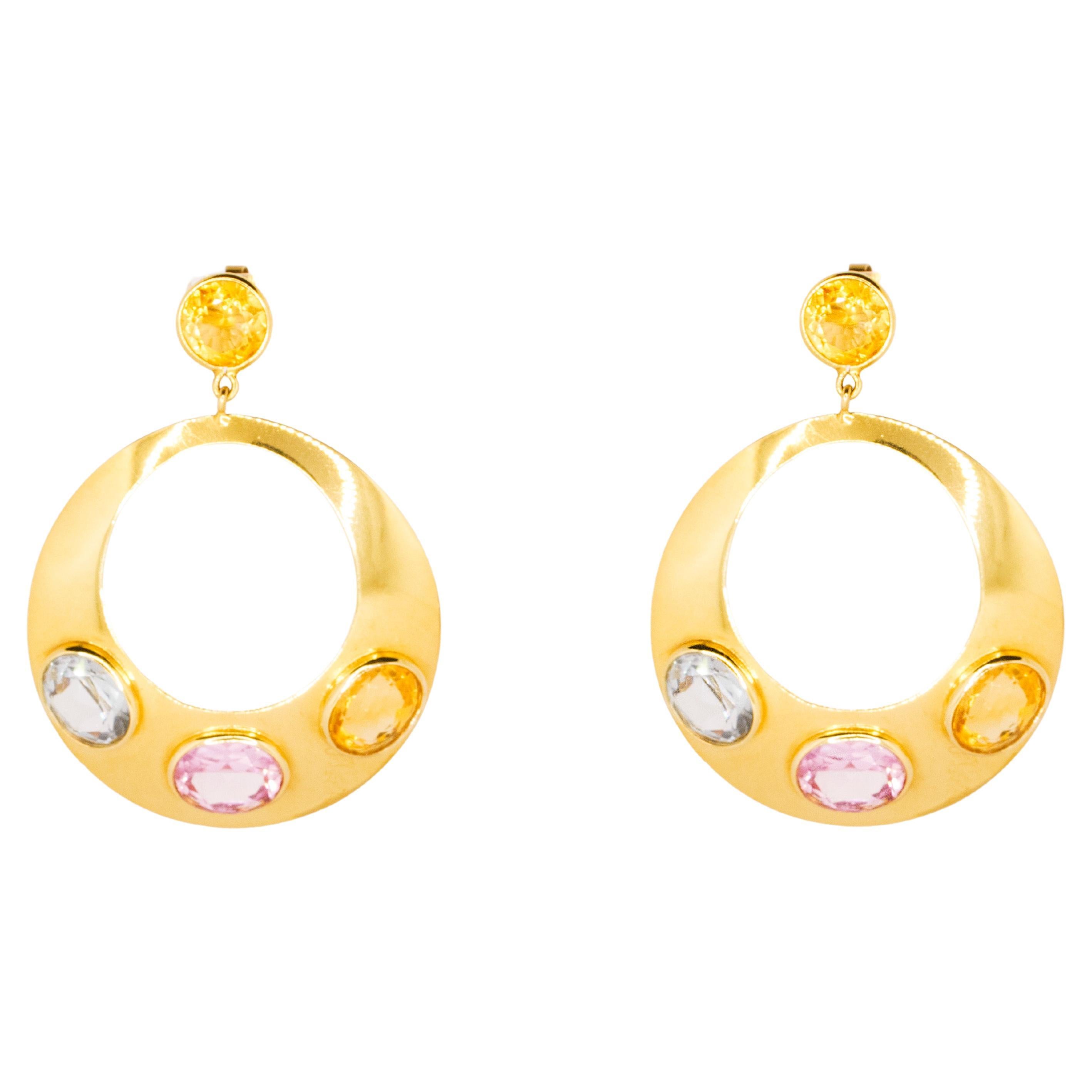 18 Kt Yellow Gold and Quartz Hoop Pendant Earrings  For Sale