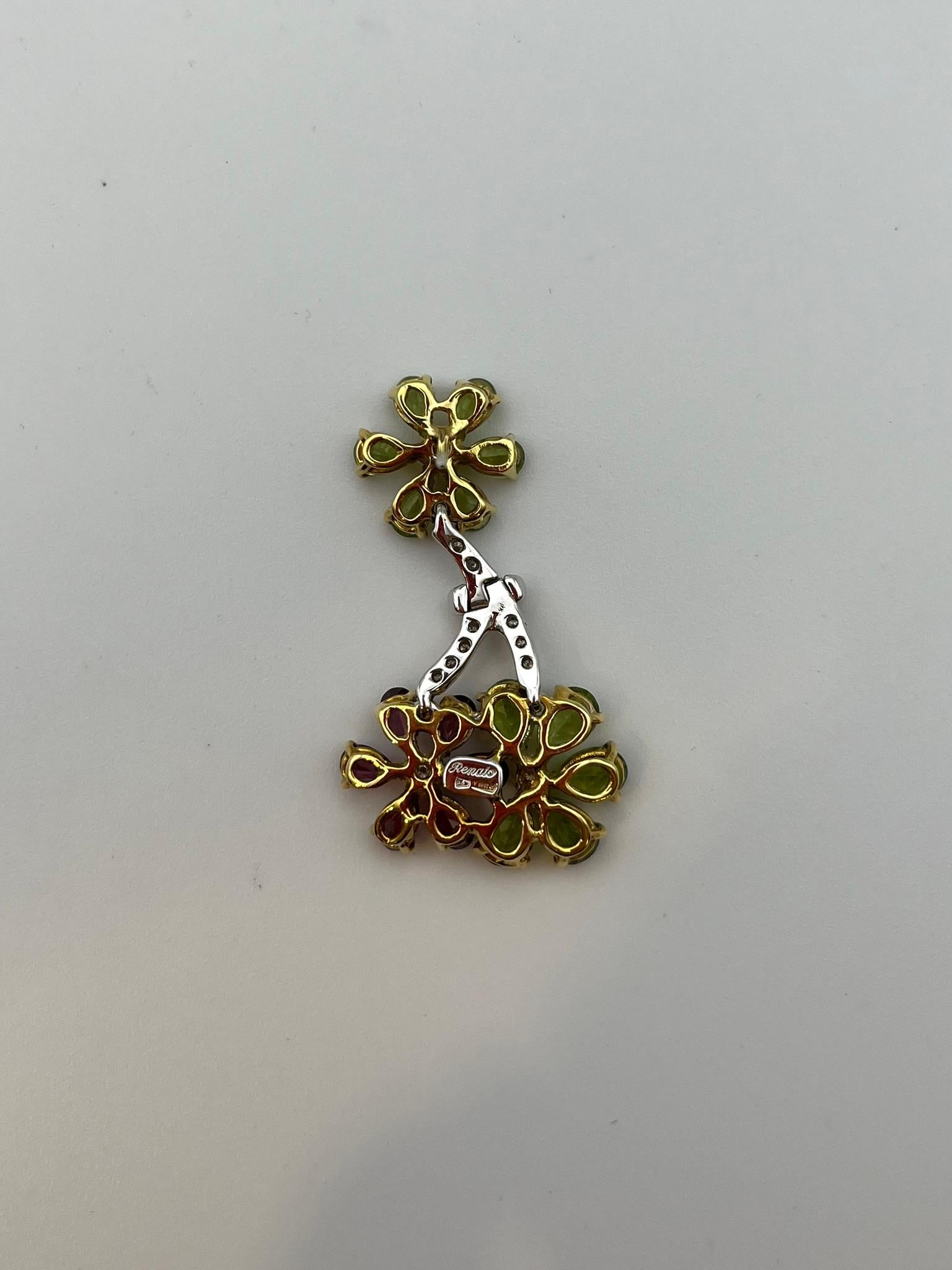 Orecchini a fiore Artigianli in oro 18 kt. con Peridot e Rodolite e Diamanti in vendita 2