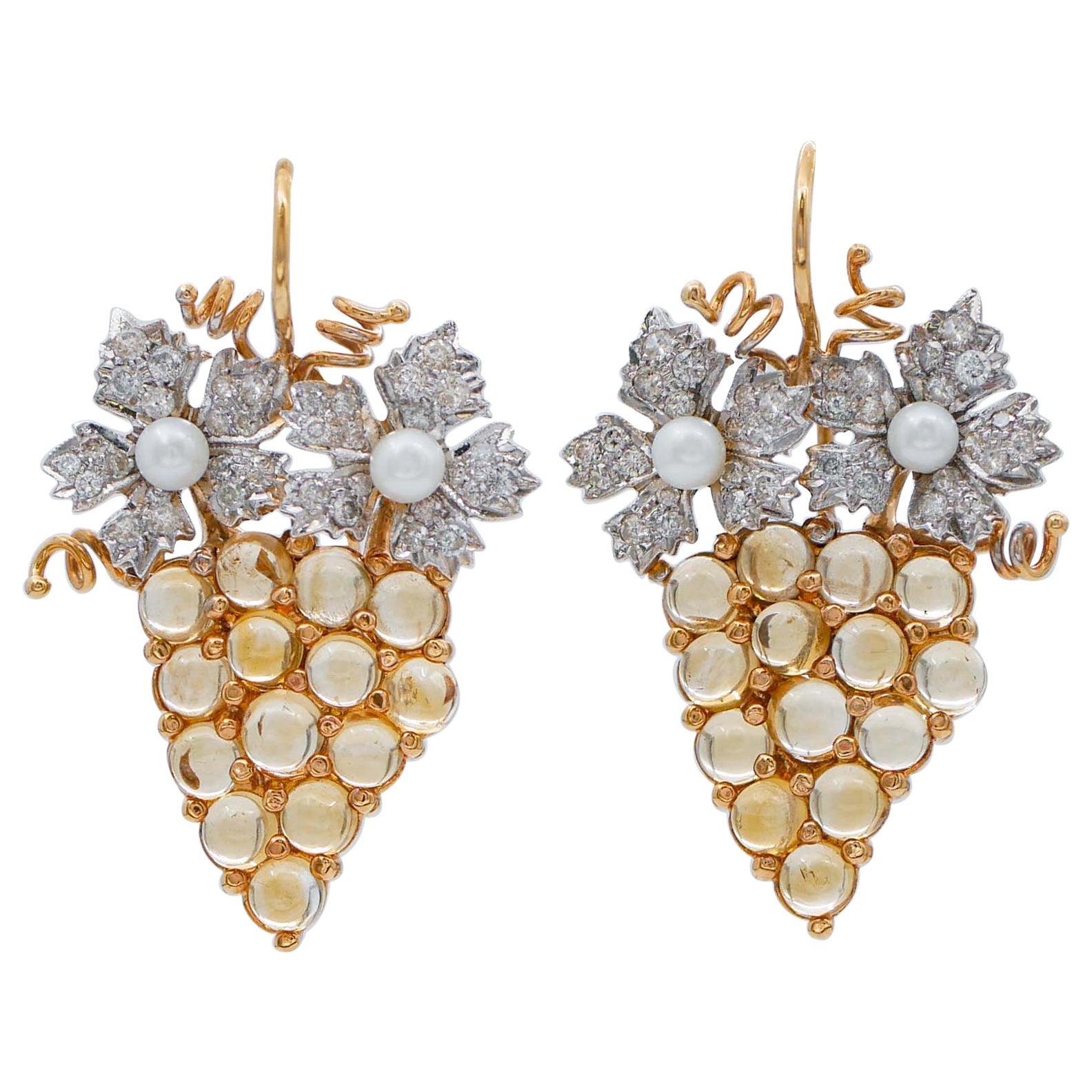 Orecchini a Grappolo in Oro Rosa E Bianco 14 Kt Con Diamanti, Topazi E Perle