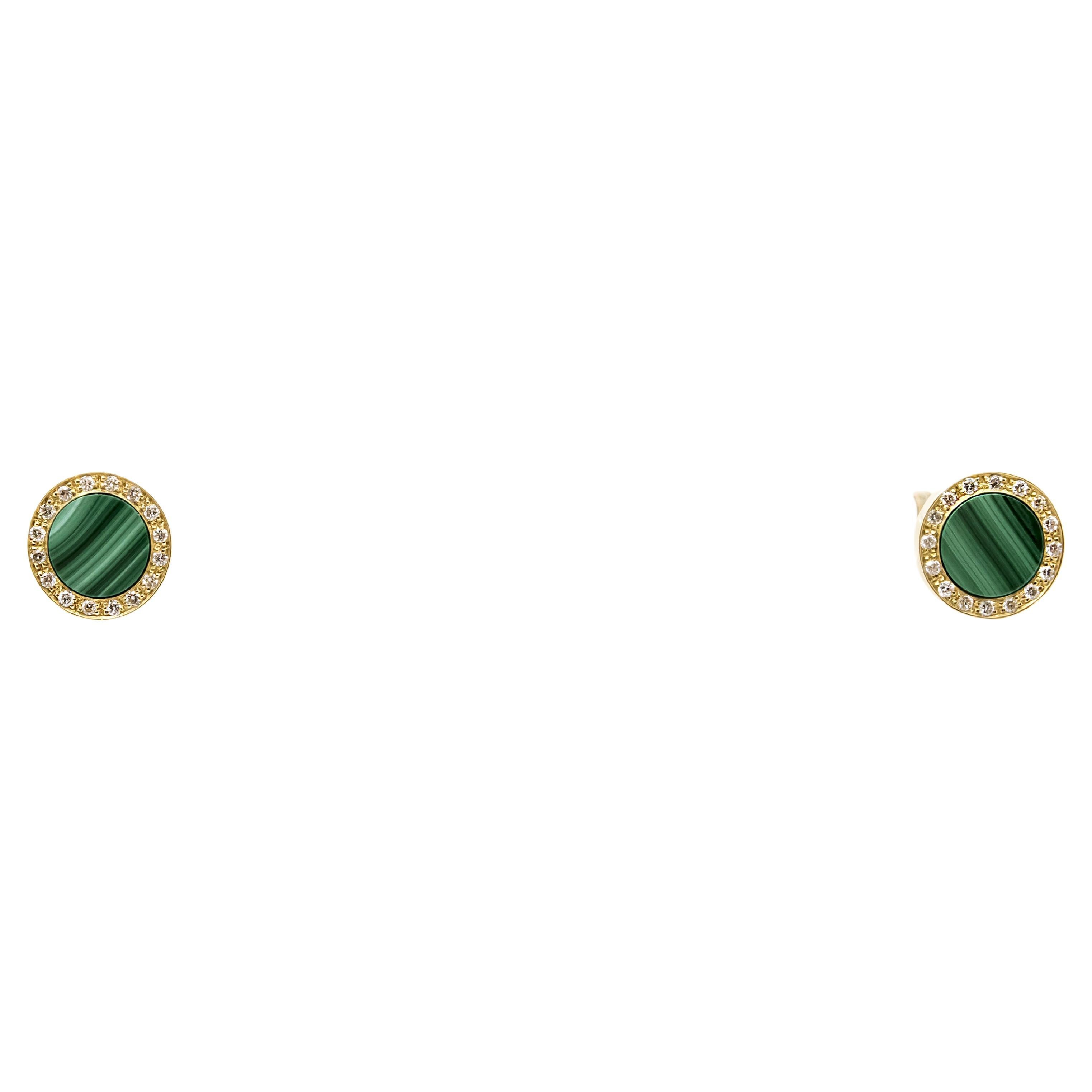 Boucles d'oreilles lobe en or jaune 18 carats, malachite et diamant