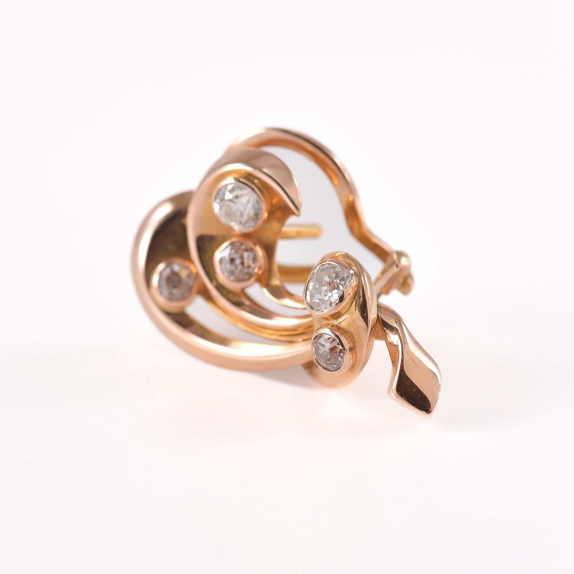 Pendientes lóbulo de oro rosa con diamantes talla vieja europea en venta 6
