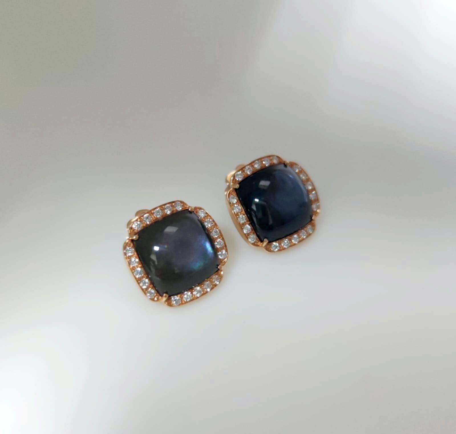 Orecchini a lobo in oro rosso con diamanti e madreperla nera cabochon Contemporáneo en venta