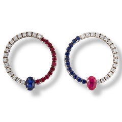 18kt White Gold Asymmetrical Earrings with Rubies, Sapphires and Diamonds
