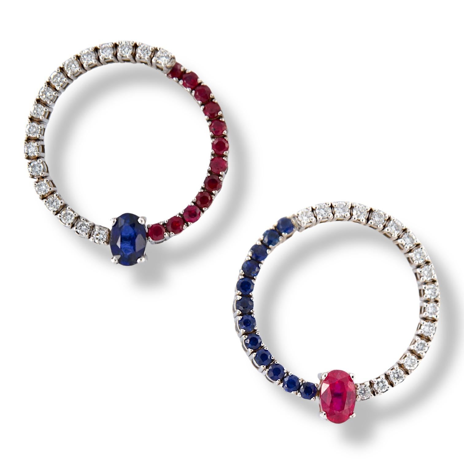 Artisan 18kt White Gold Asymmetrical Earrings with Rubies, Sapphires and Diamonds For Sale