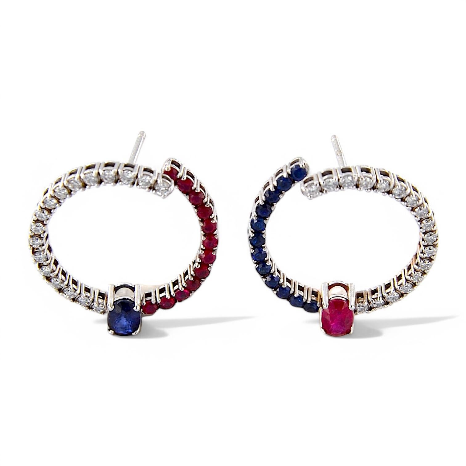 Oval Cut 18kt White Gold Asymmetrical Earrings with Rubies, Sapphires and Diamonds For Sale