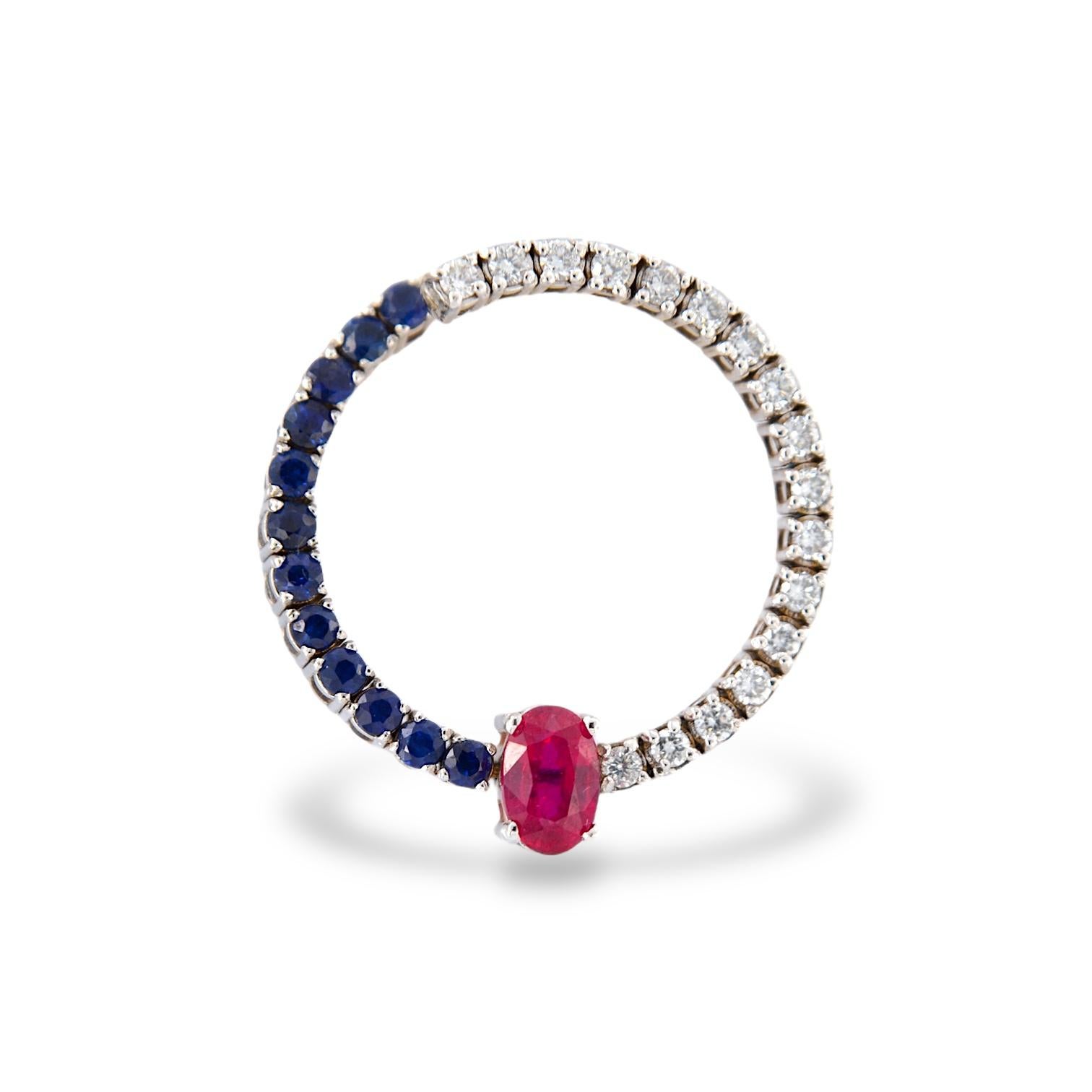 Women's 18kt White Gold Asymmetrical Earrings with Rubies, Sapphires and Diamonds For Sale