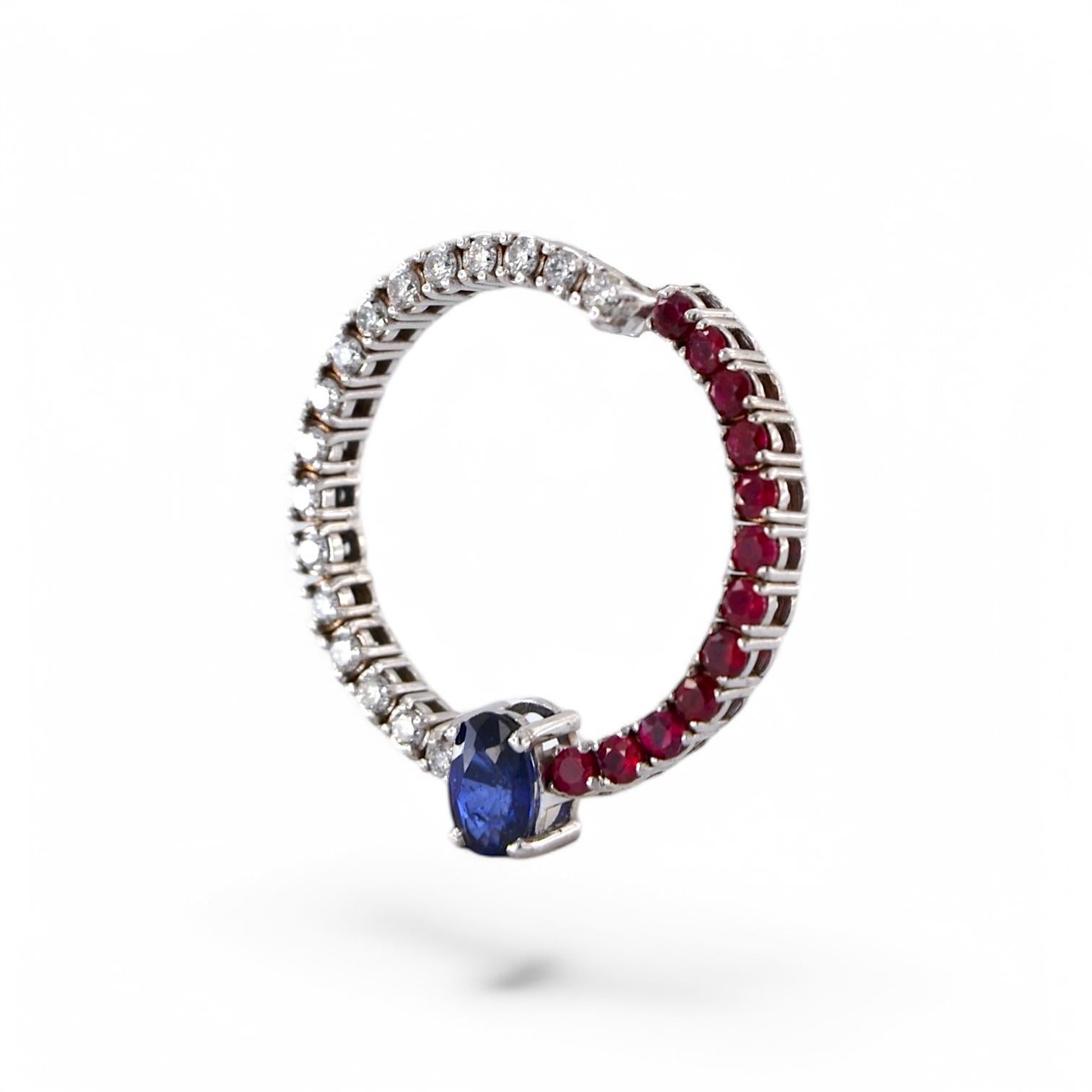 18kt White Gold Asymmetrical Earrings with Rubies, Sapphires and Diamonds For Sale 1
