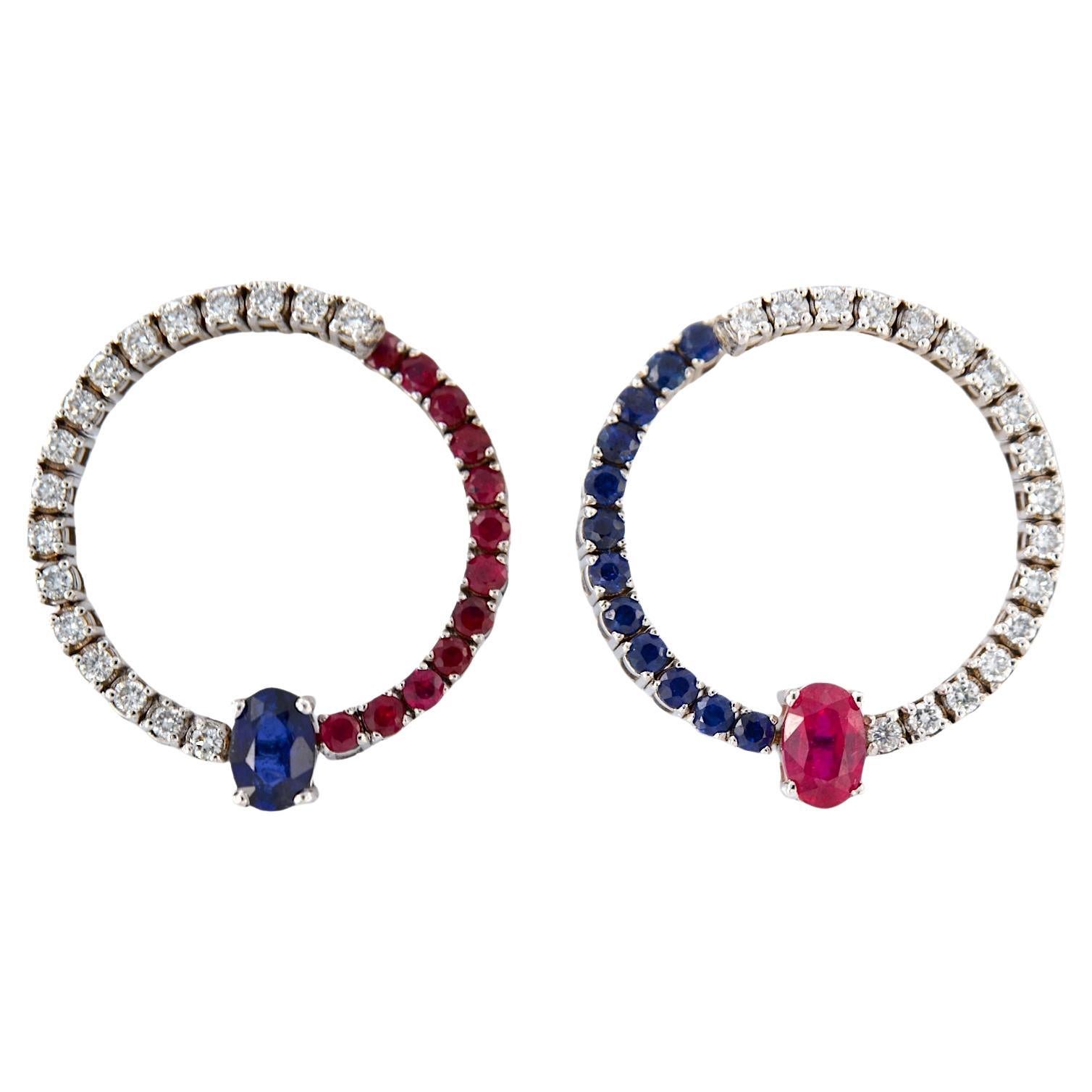 18kt White Gold Asymmetrical Earrings with Rubies, Sapphires and Diamonds For Sale