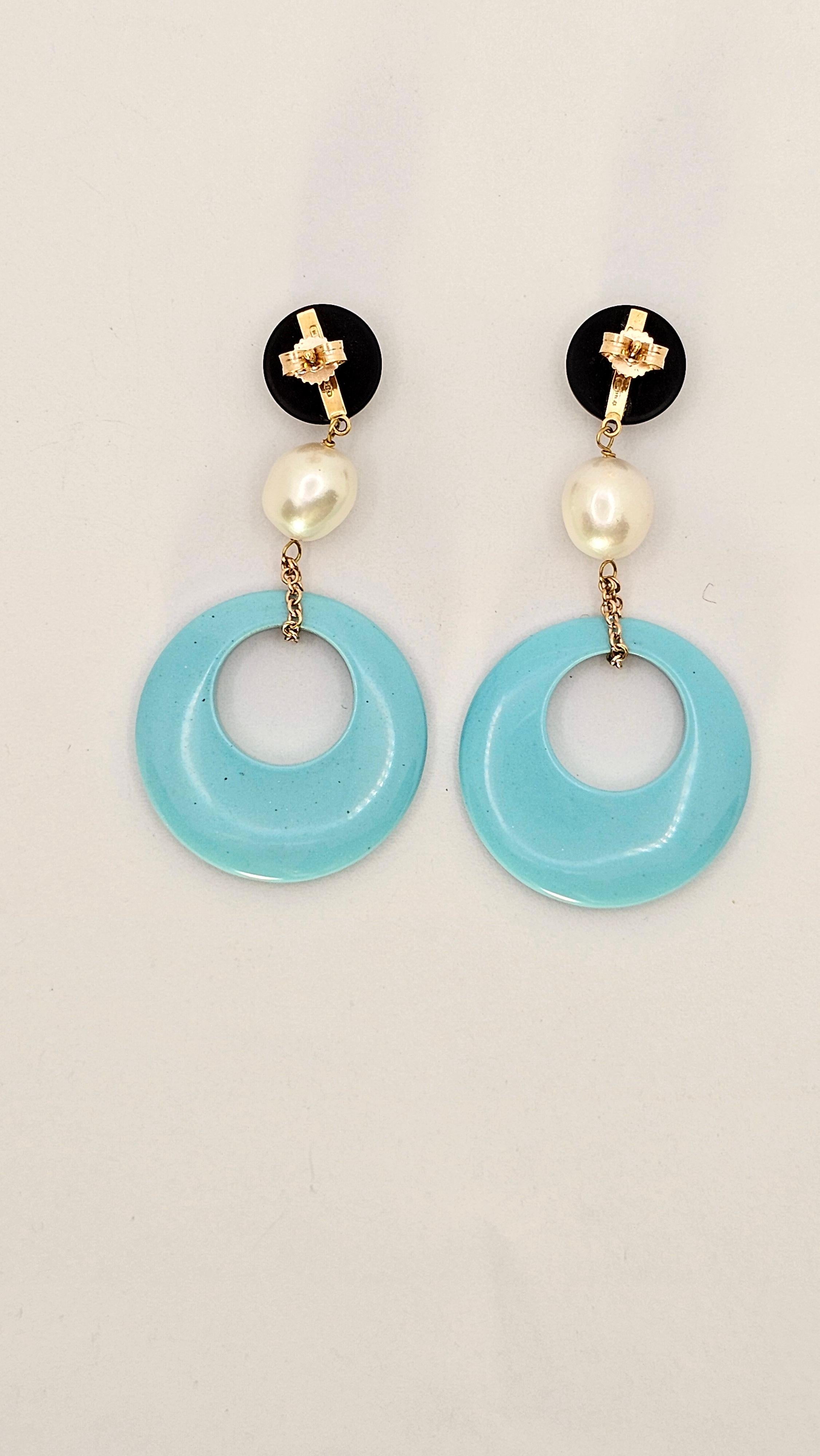 Contemporary Chandelier Earrings in Rose Gold, Turquoise Paste, Jade and Pearls For Sale