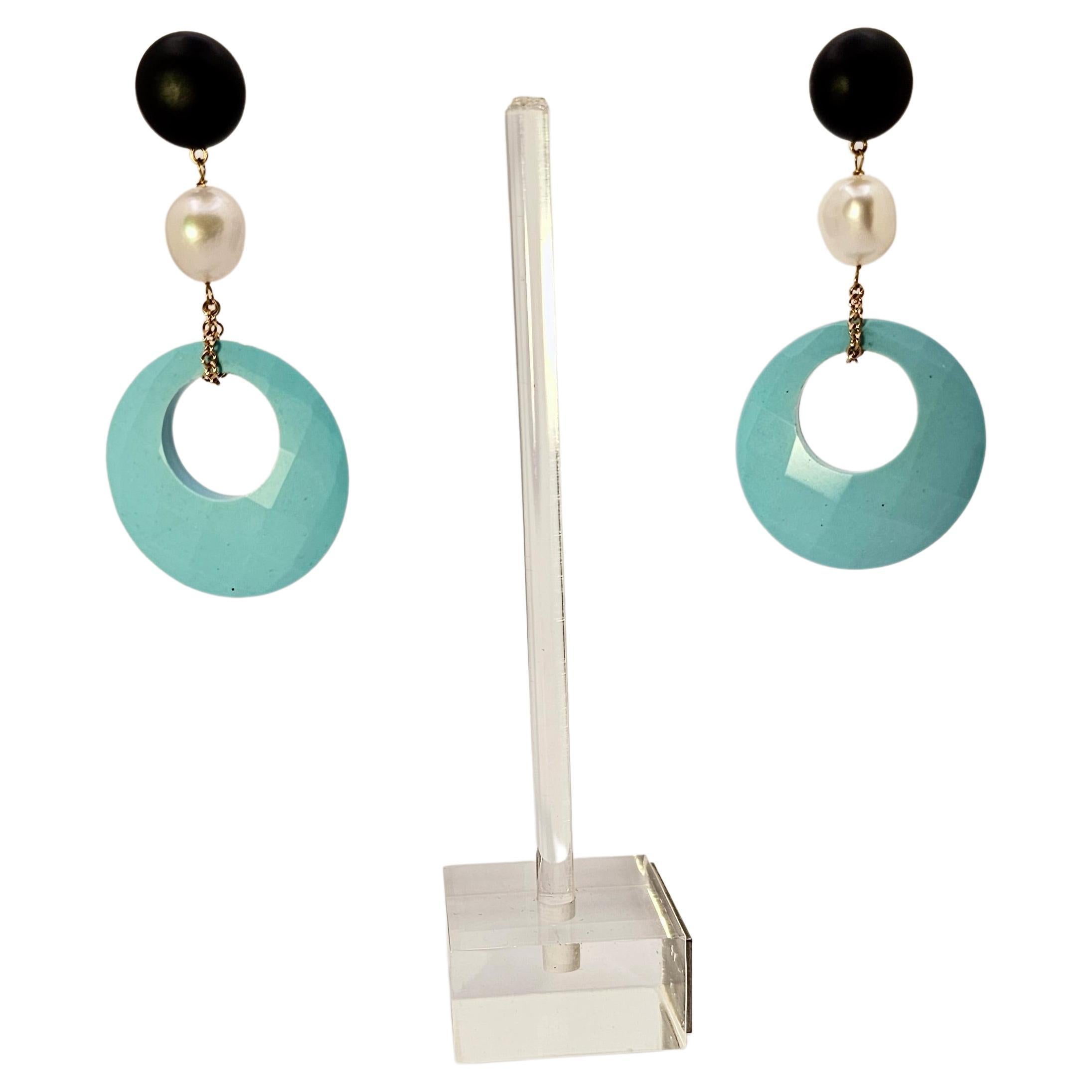 Chandelier Earrings in Rose Gold, Turquoise Paste, Jade and Pearls