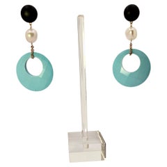 Boucles d'oreilles chandelier en or rose, pâte de turquoise, jade et perles