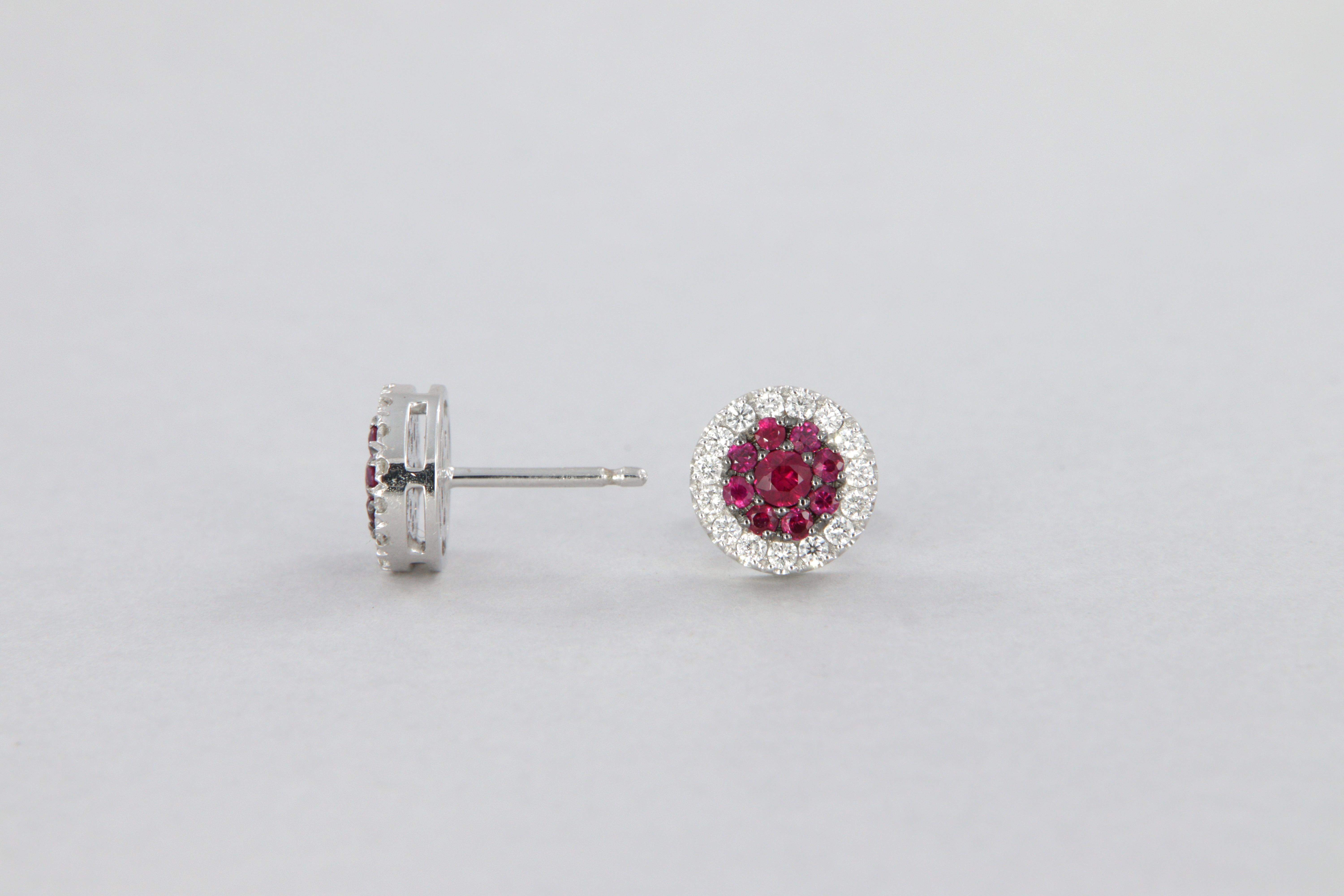 Brilliant Cut Stud and pavé earrings in rubies and diamonds in white gold For Sale
