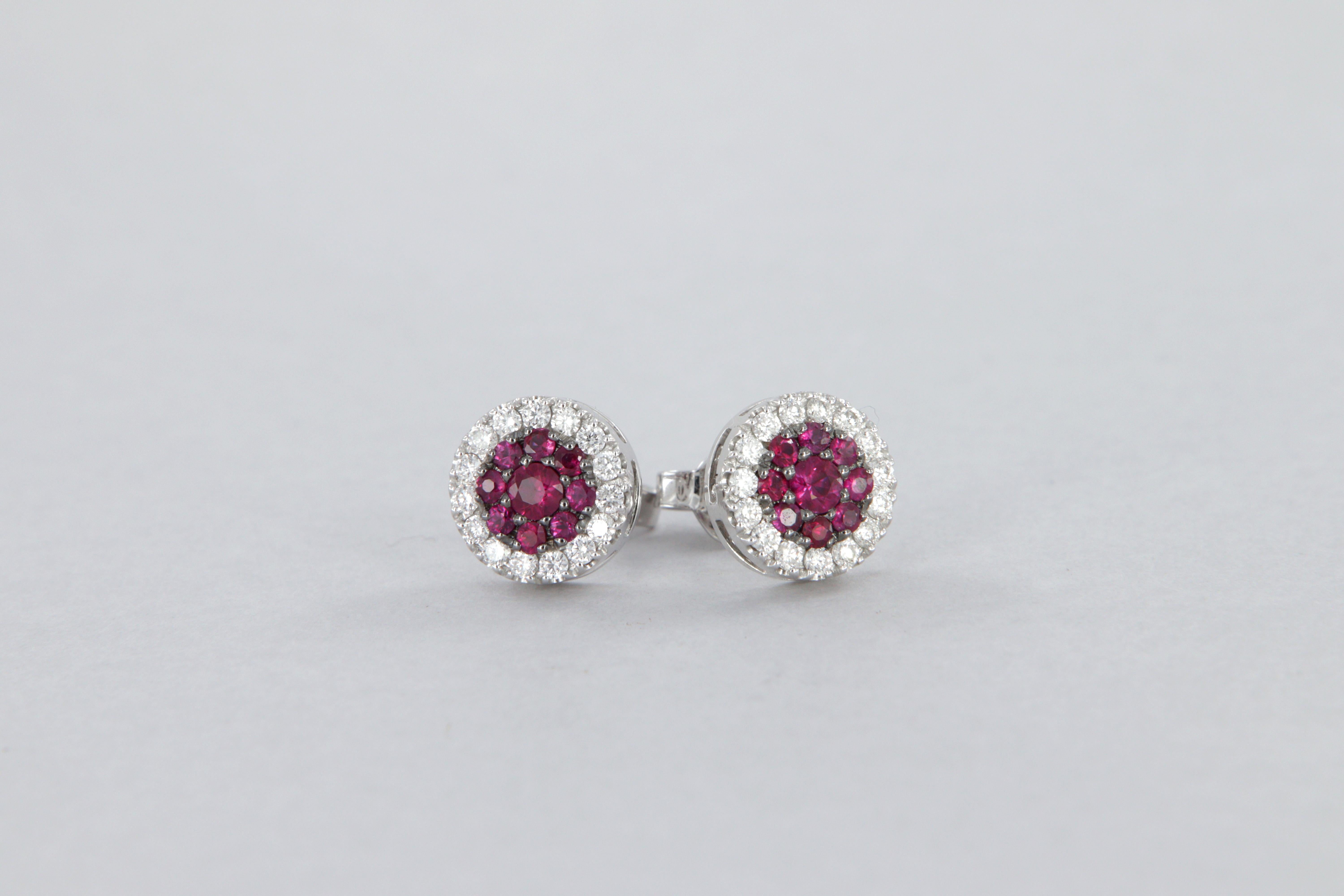 Women's or Men's Stud and pavé earrings in rubies and diamonds in white gold For Sale
