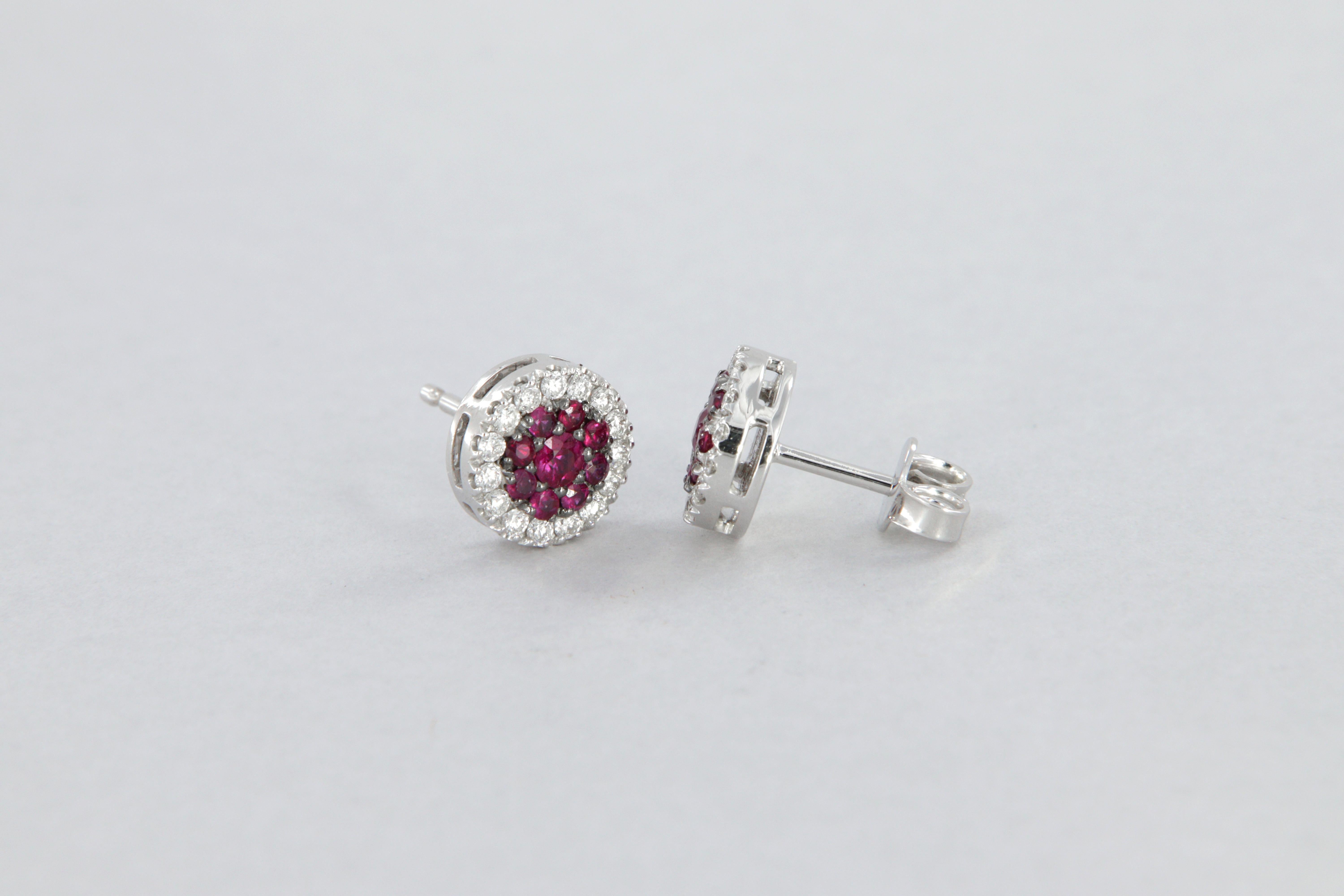 Stud and pavé earrings in rubies and diamonds in white gold For Sale 1