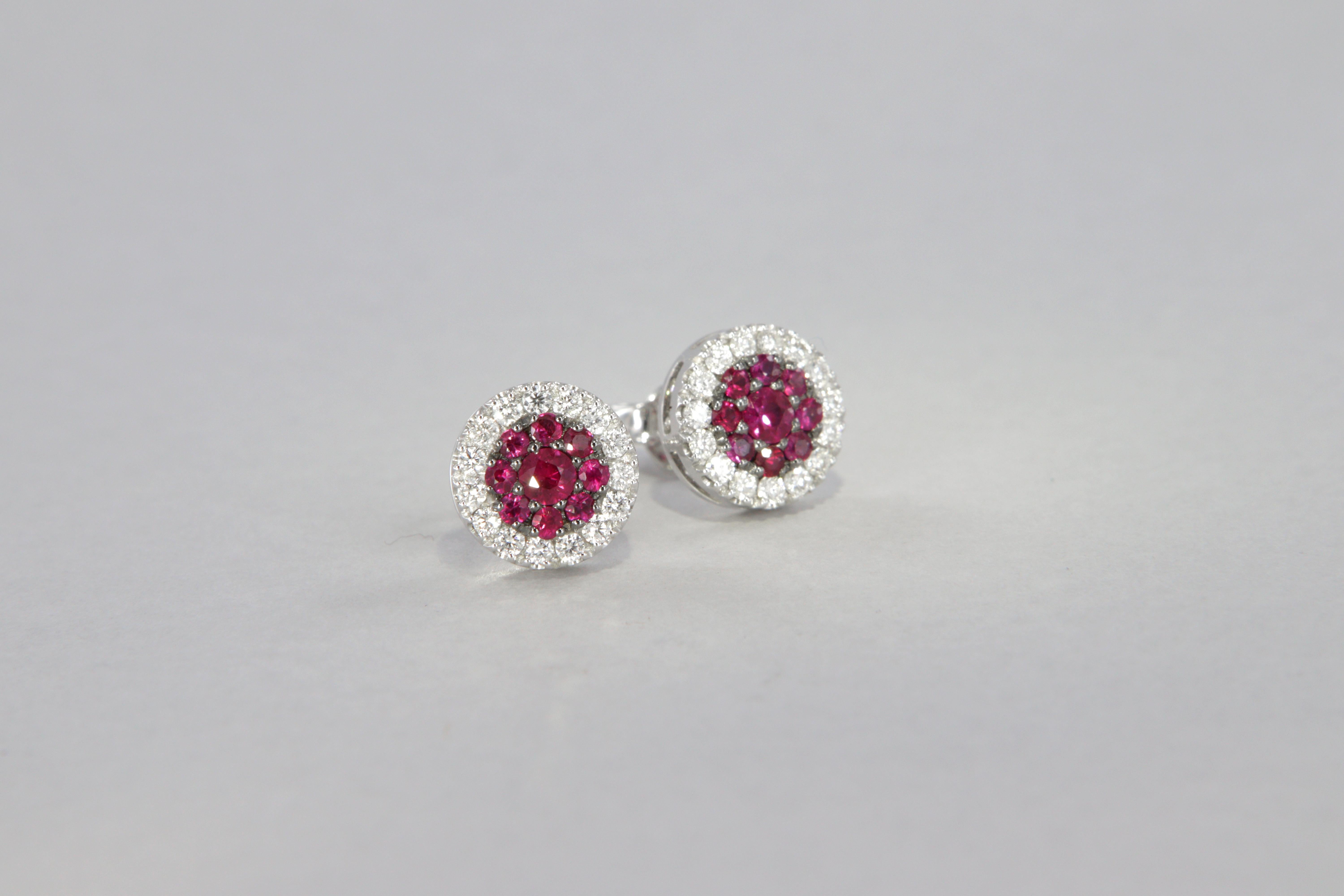Stud and pavé earrings in rubies and diamonds in white gold For Sale 3