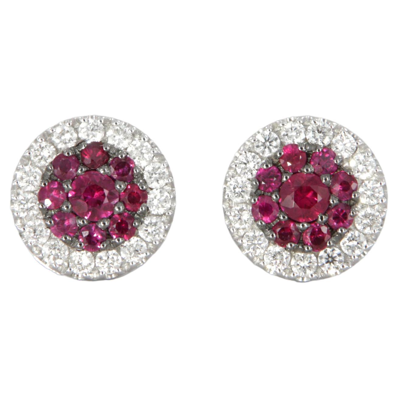 Stud and pavé earrings in rubies and diamonds in white gold