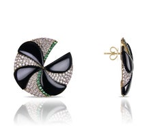 Handmade 18-karat gold earrings with onyx, diamonds, and emeralds