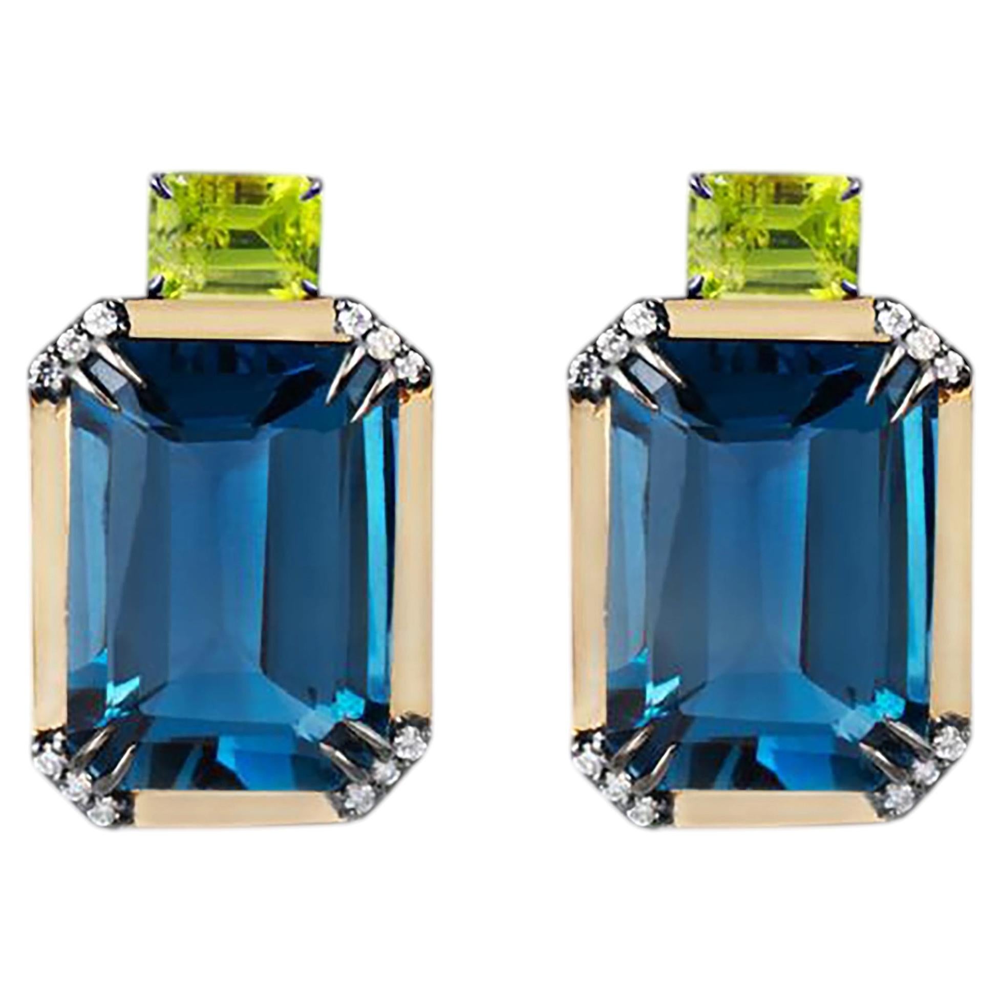 Handmade 18-karat gold earrings with peridots, London Blue topazes, and diamonds