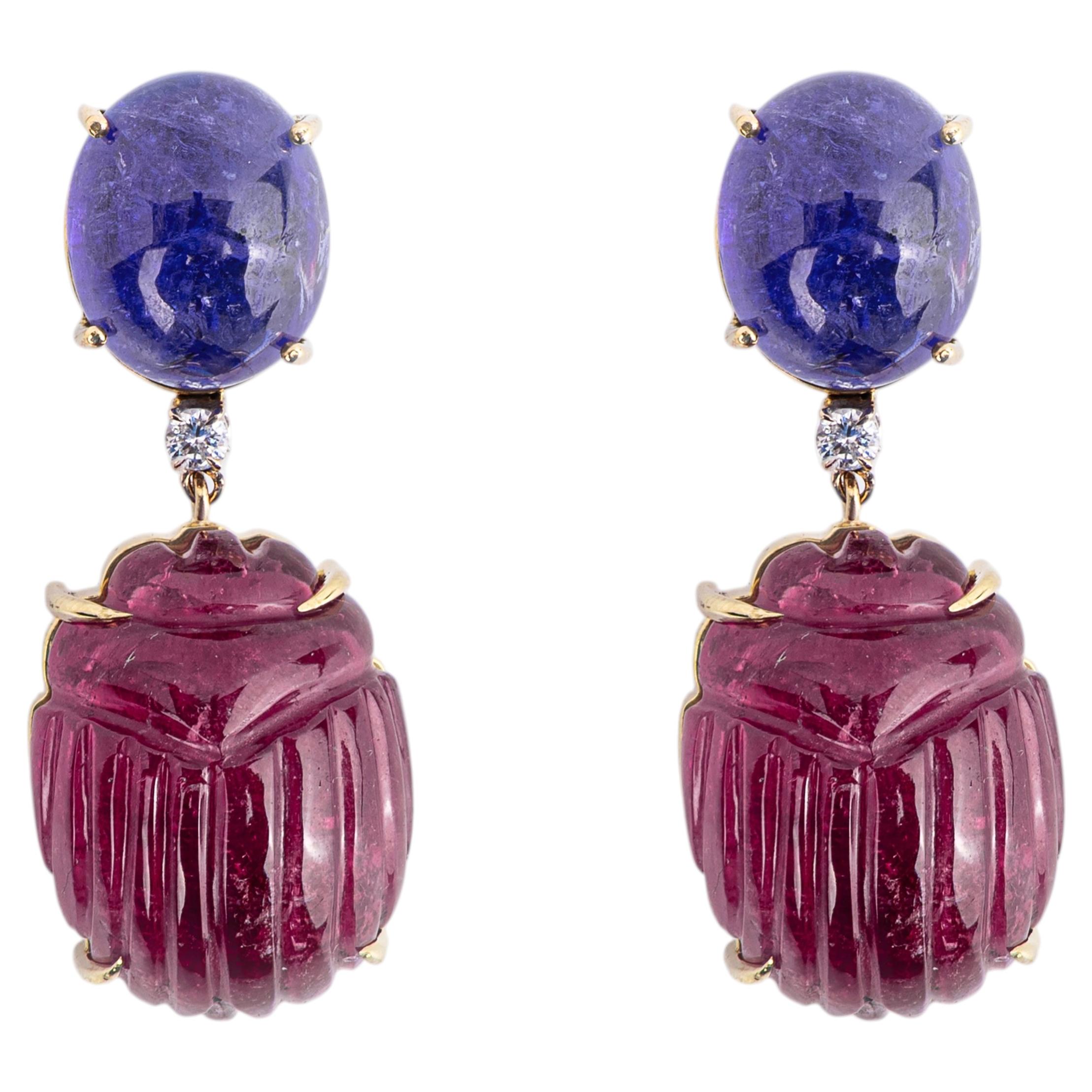 Handcrafted 18-karat gold earrings with rubellites, tanzanites, and diamonds For Sale