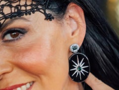 Handmade 18-karat rose gold earrings with black agate, diamonds, and tourmalines