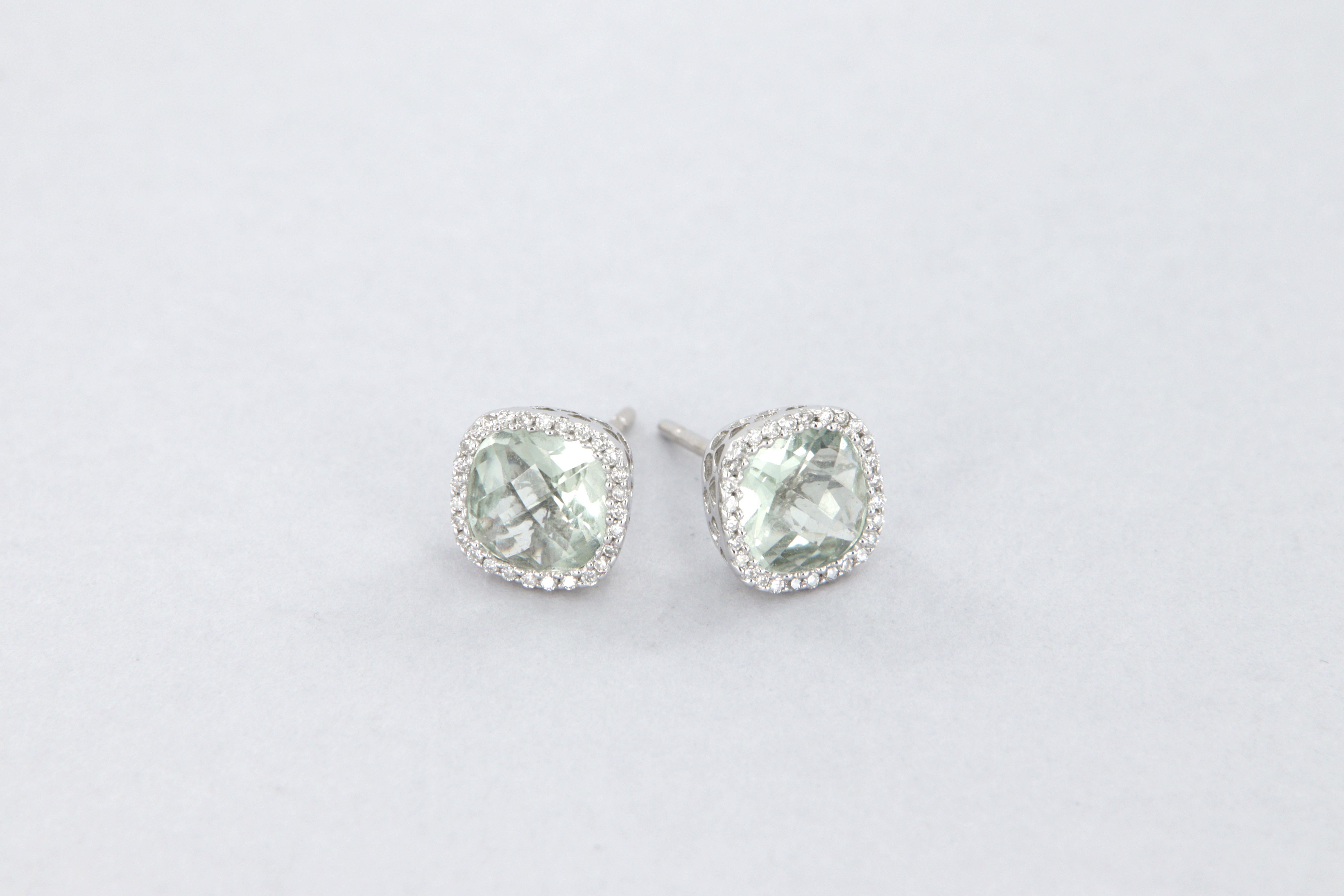 Cushion Cut Halo earrings with light green quartz carat 2.22 and diamonds in white gold For Sale