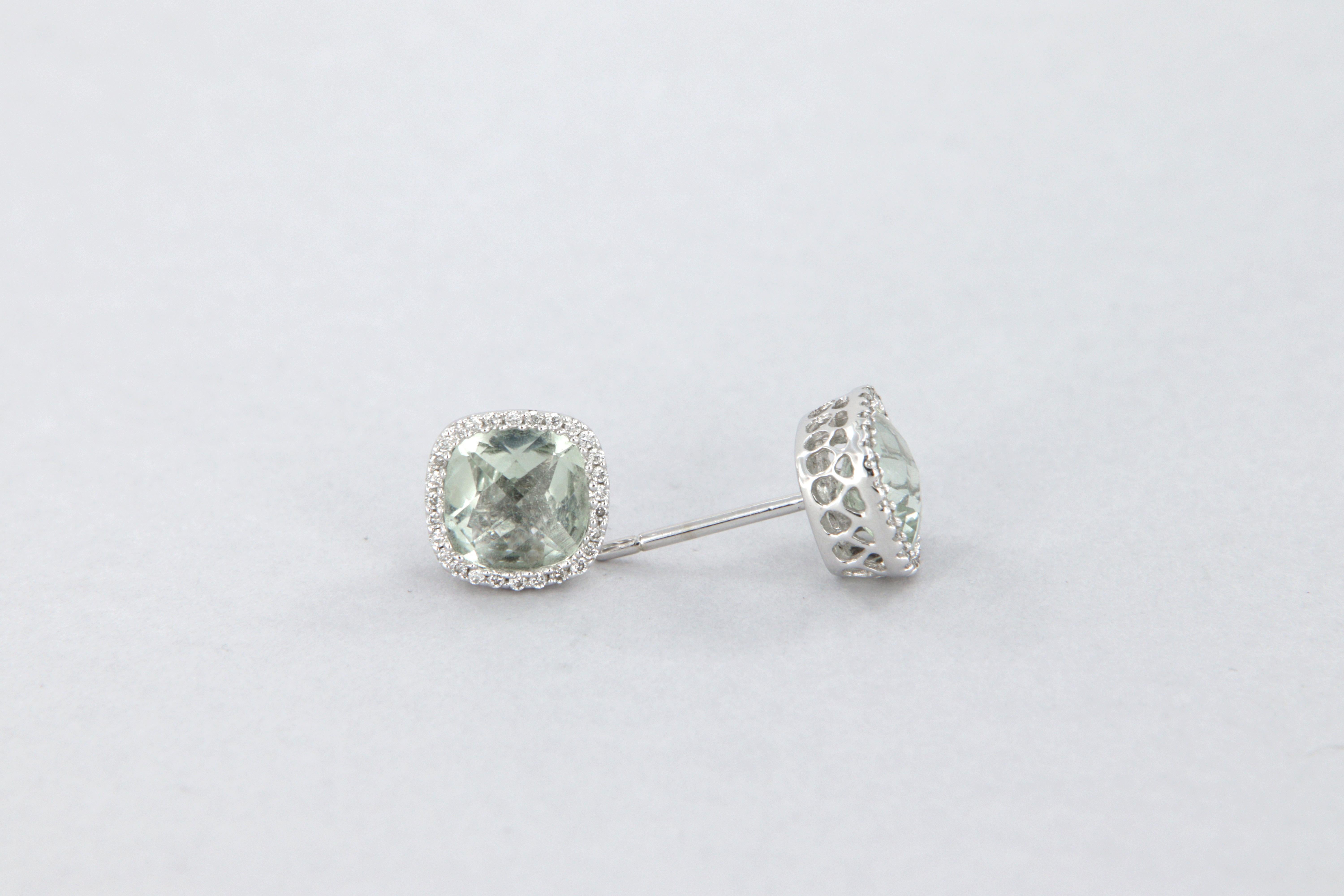 Women's or Men's Halo earrings with light green quartz carat 2.22 and diamonds in white gold For Sale