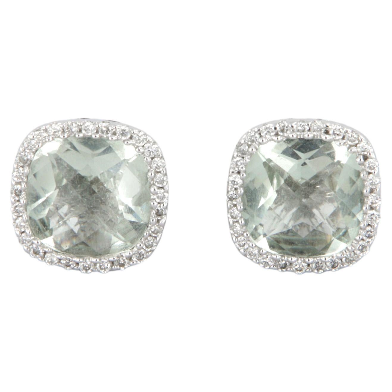 Halo earrings with light green quartz carat 2.22 and diamonds in white gold For Sale