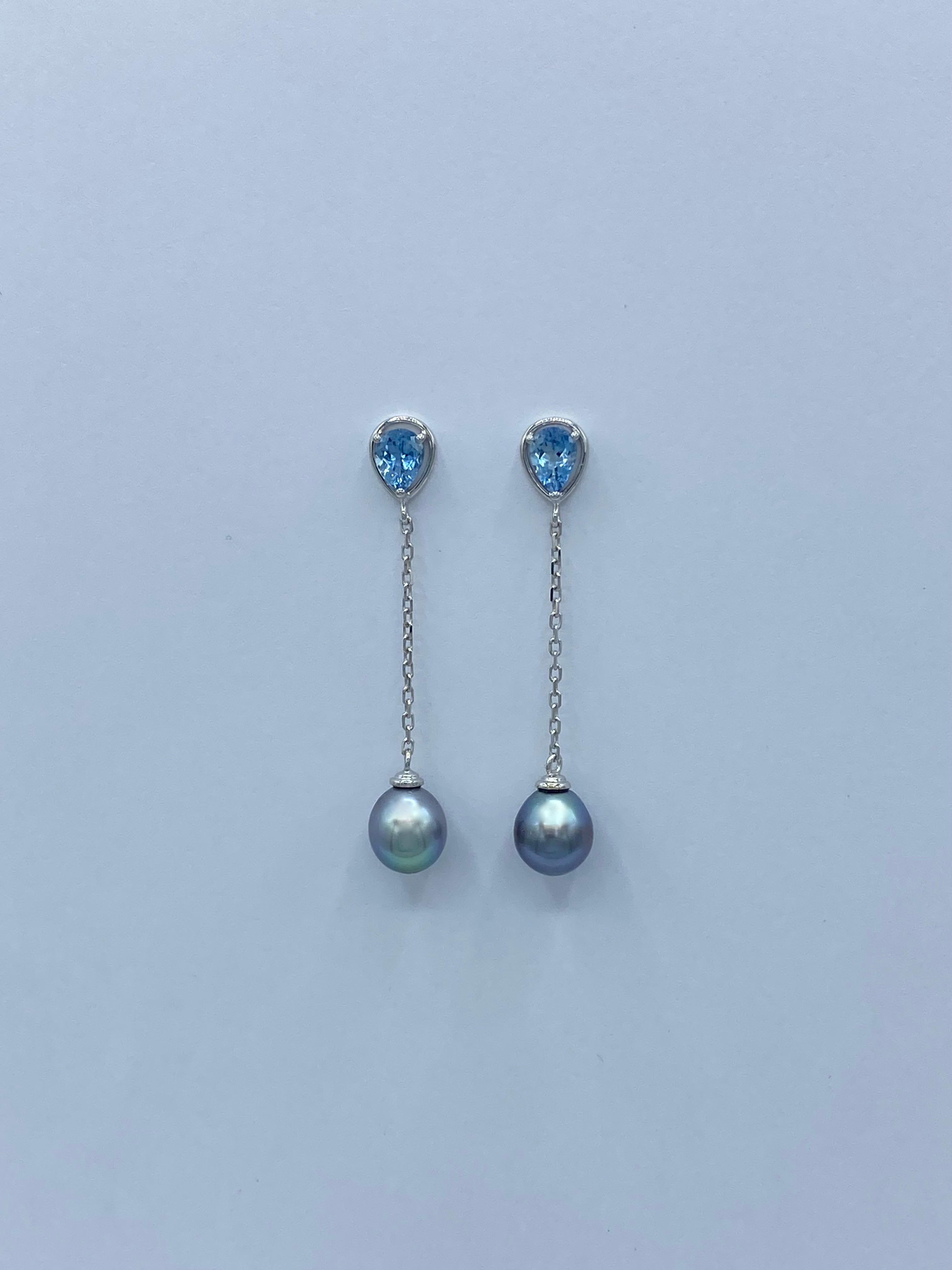 Orecchini in oro bianco 18Kt con gocce di acquamarina e perle dei Mari del Sud in vendita 4