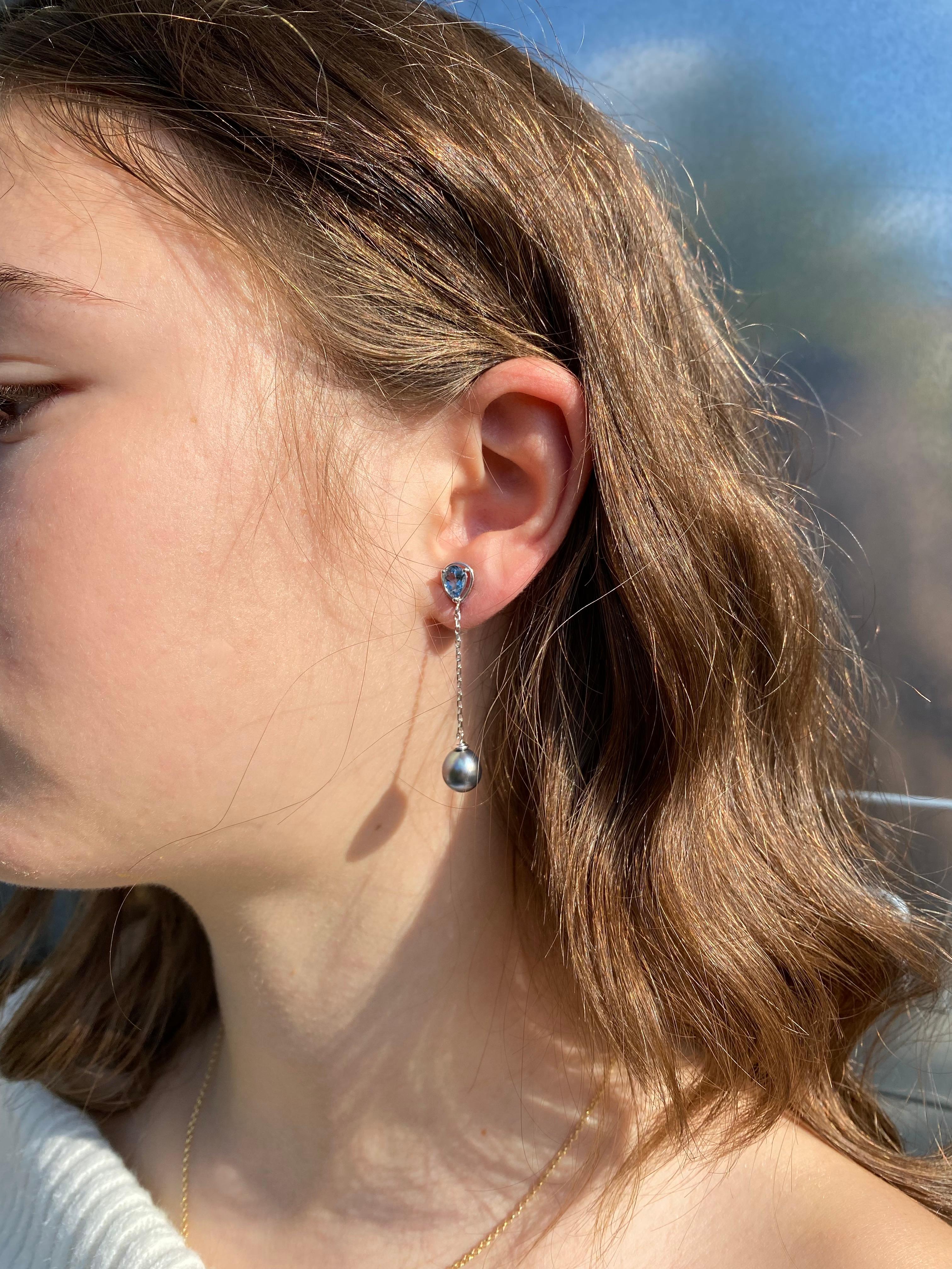 Orecchini in oro bianco 18Kt con gocce di acquamarina e perle dei Mari del Sud in vendita 6