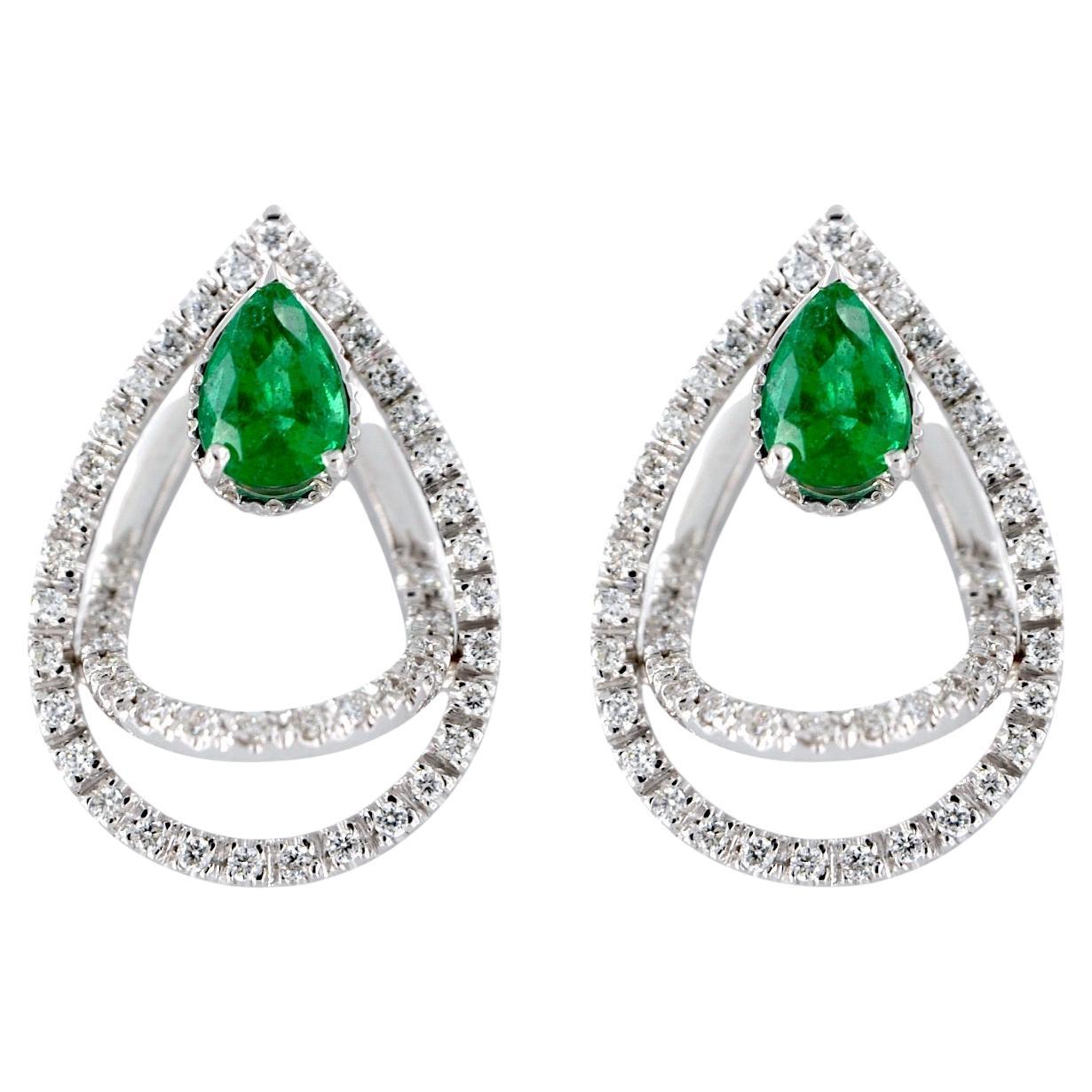 18kt white gold, clip-on drop shape earrings with Diamonds and Emeralds