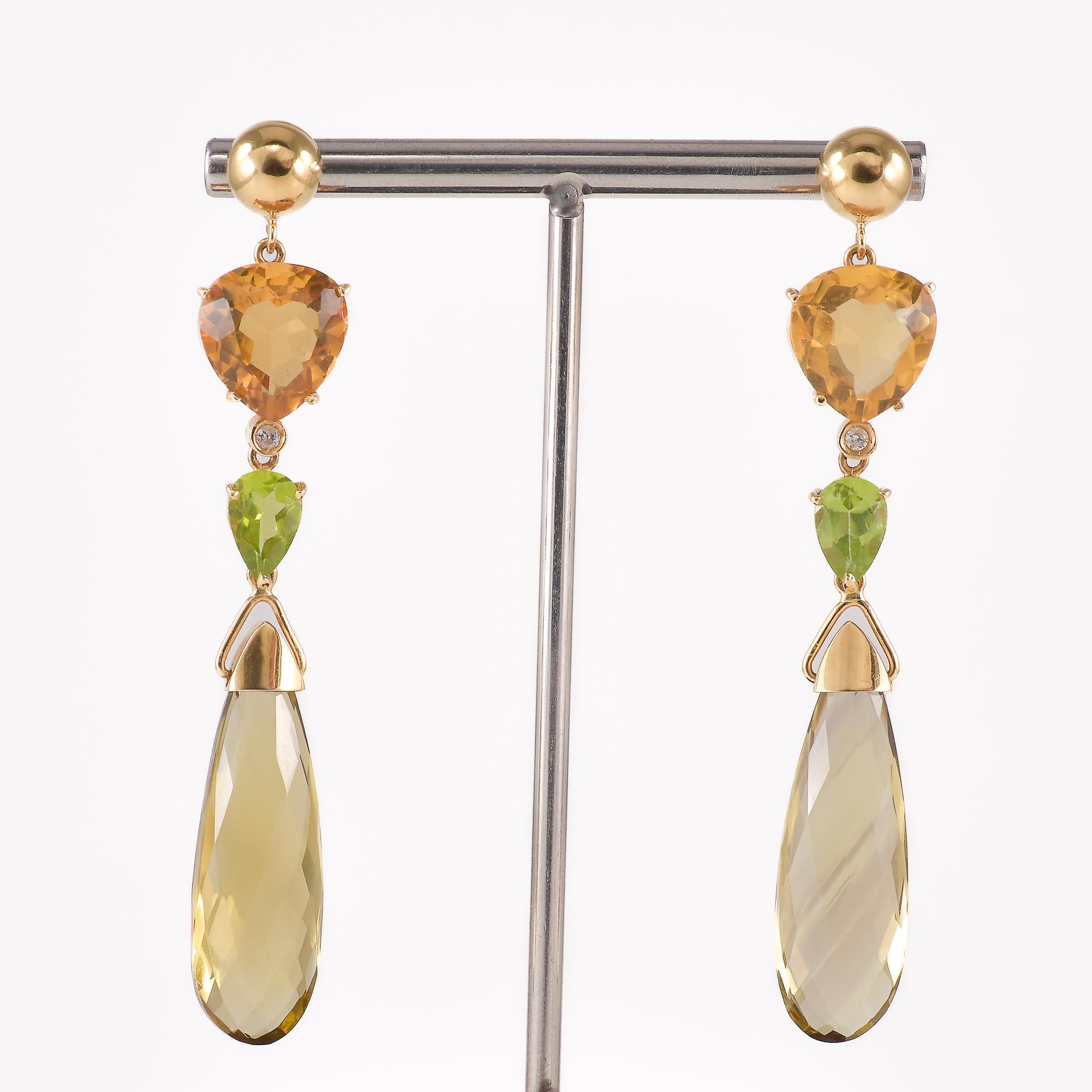 Boucles d'oreilles en or jaune avec quartz citrine, diamants et péridots Bon état - En vente à Bologna, IT
