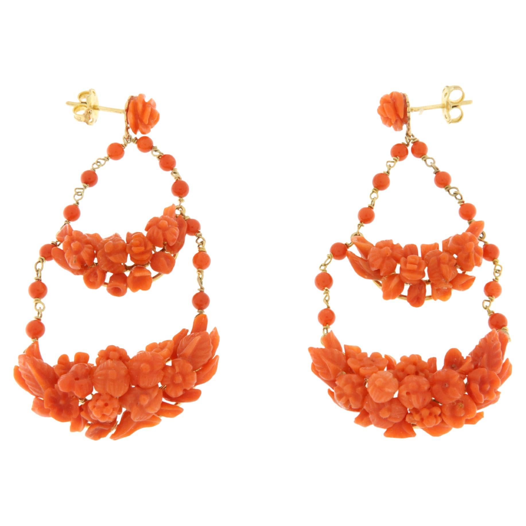 Yellow gold pendant chandelier earrings with coral flowers
