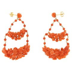 Yellow gold pendant chandelier earrings with coral flowers