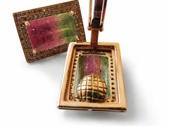 Handmade 18-karat rose gold earrings with tourmaline and champagne-colored diamonds