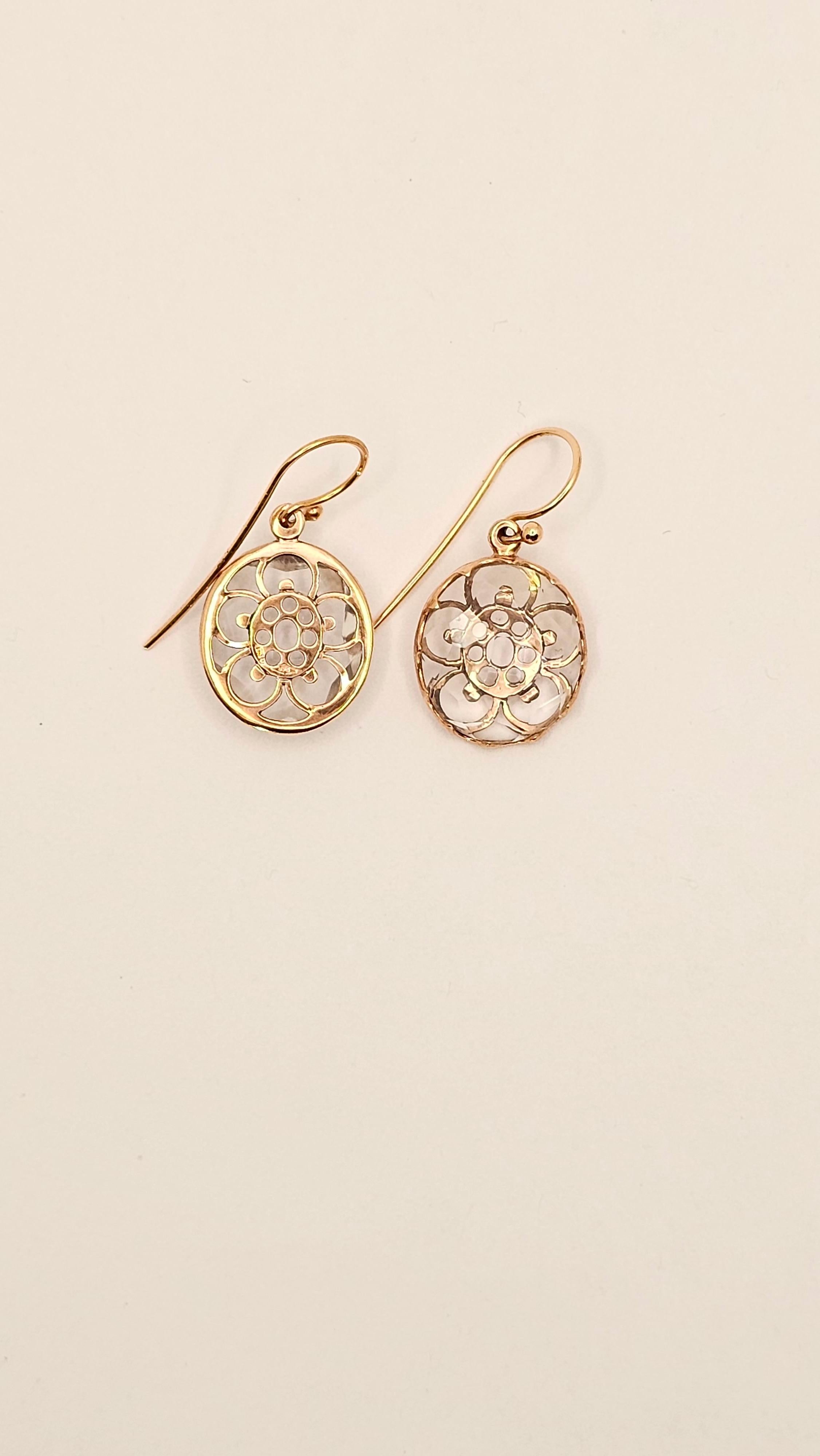 These Earrings feature beautiful floral-style workmanship at the bottom and are embellished, at the top, with Rock Crystal that gives luster and elegance.

The oval frame is 9kt Rose Gold while the clasp hooks are 18kt Yellow Gold.


Total height: 3