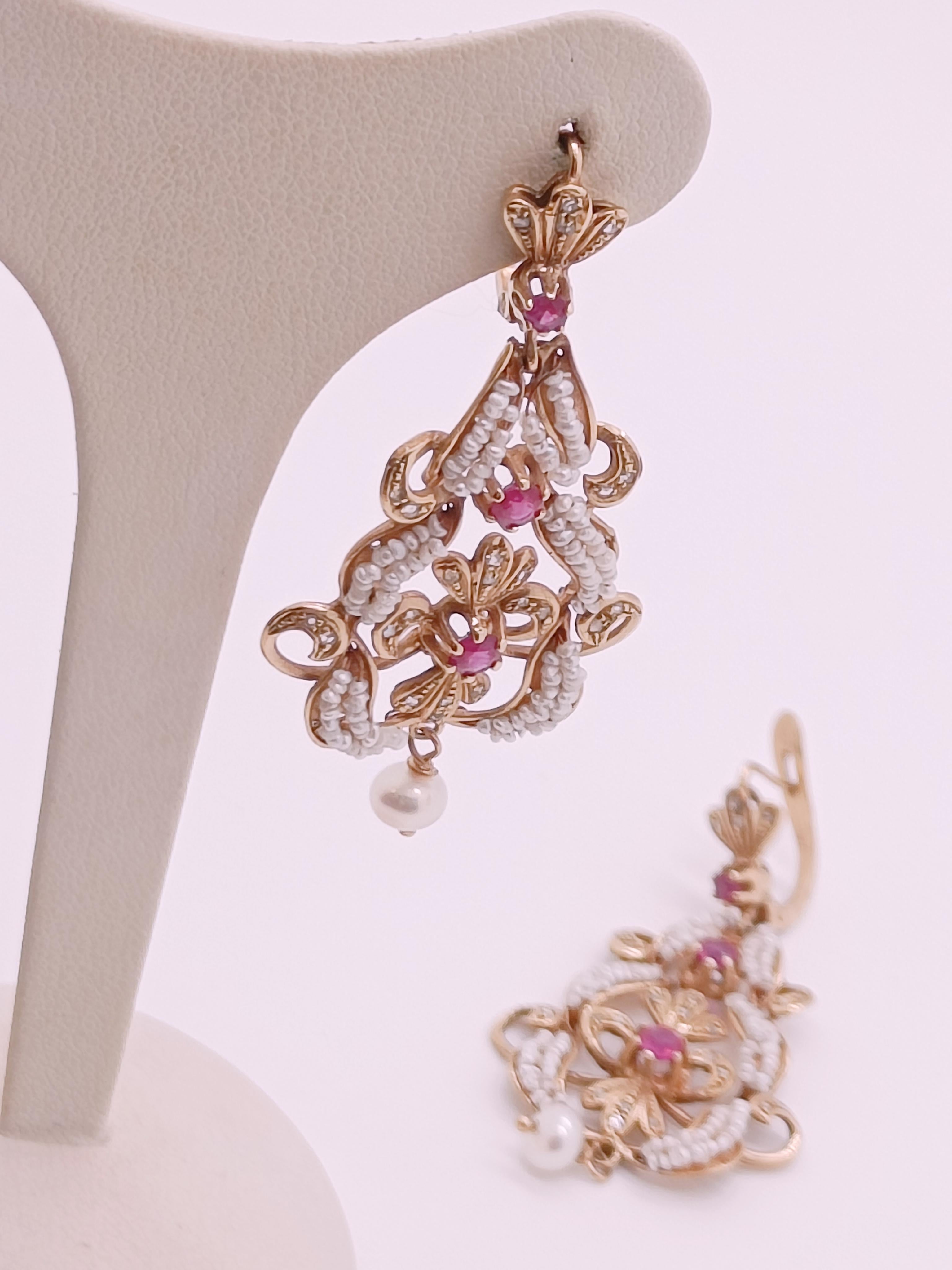 Artisan 14k Gold antique style long earrings with pearls, micro pearls, diamonds and rubies For Sale