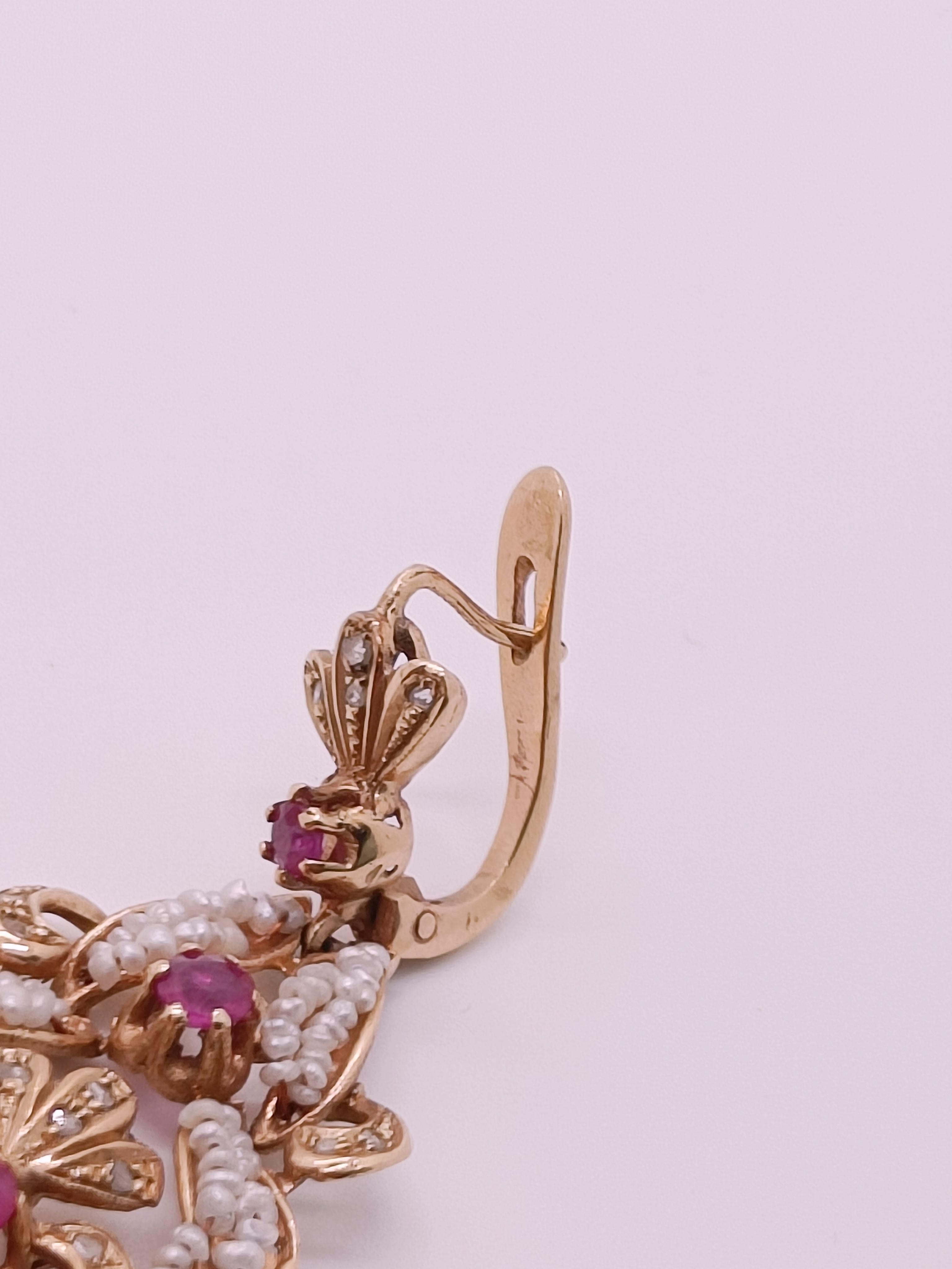 Women's or Men's 14k Gold antique style long earrings with pearls, micro pearls, diamonds and rubies For Sale