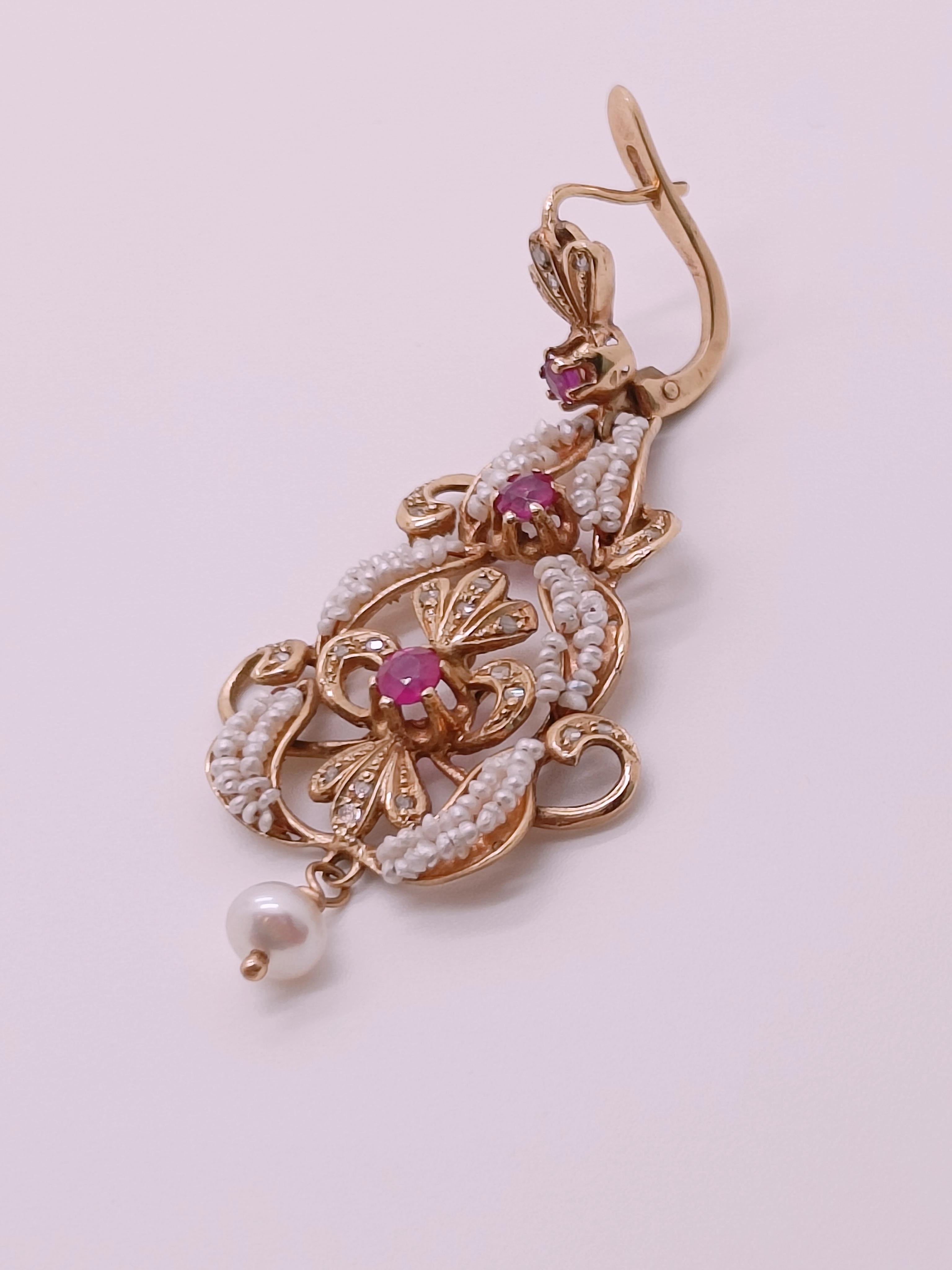 14k Gold antique style long earrings with pearls, micro pearls, diamonds and rubies For Sale 1