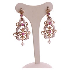 14k Gold antique style long earrings with pearls, micro pearls, diamonds and rubies