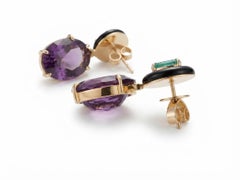 Modern, handmade 18-karat gold earrings with emeralds, amethysts, and black agate