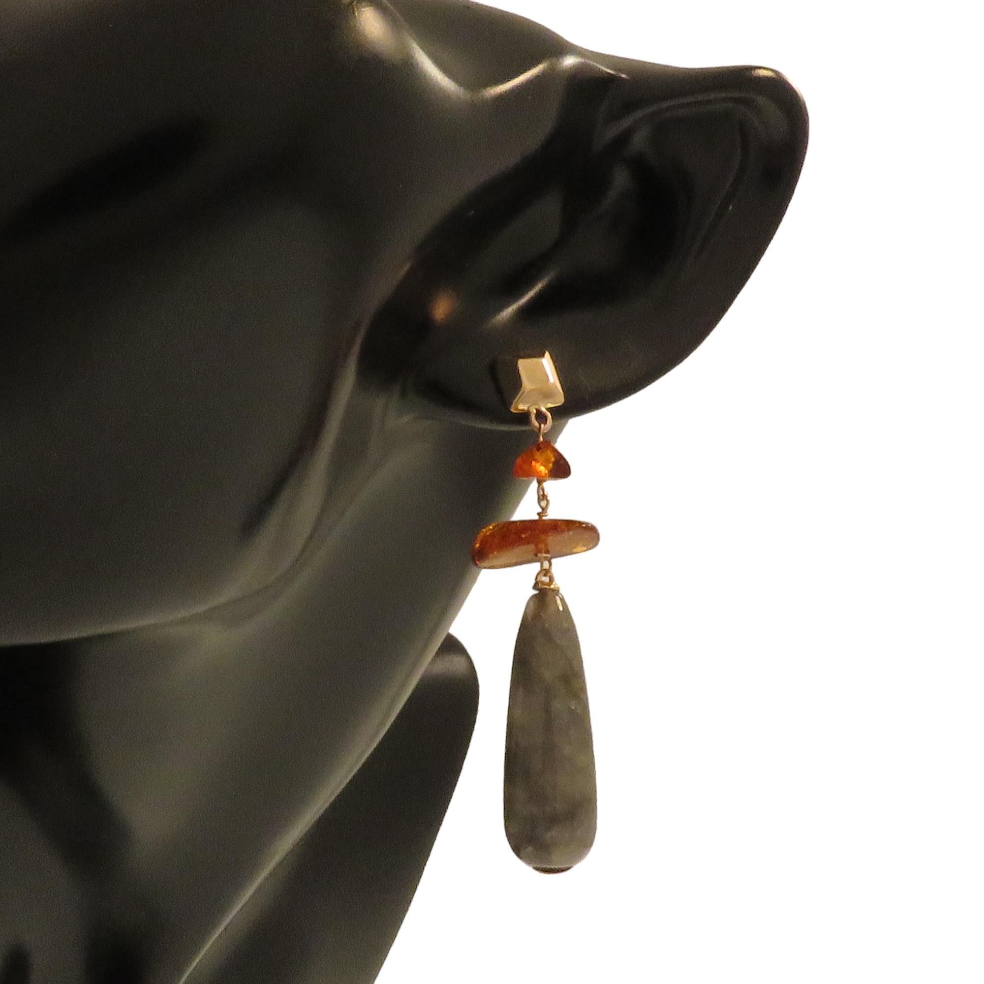 Contemporary Drop Drop Earrings Grey Agate Amber Rose Gold Made in Italy For Sale