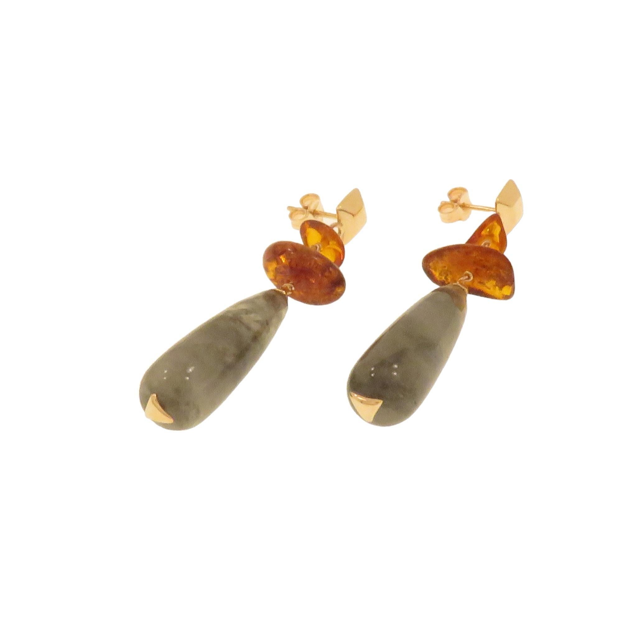 Mixed Cut Drop Drop Earrings Grey Agate Amber Rose Gold Made in Italy For Sale