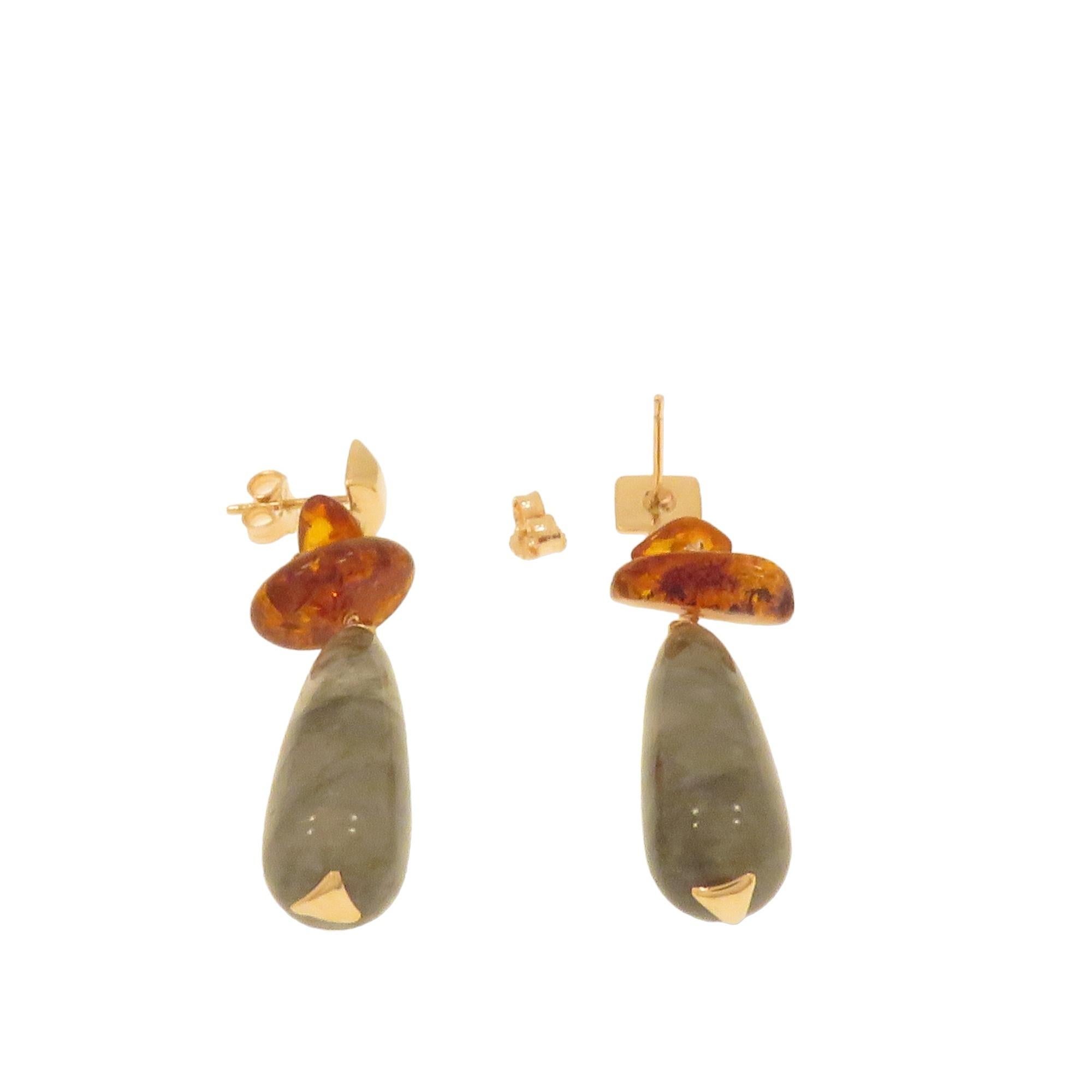 Drop Drop Earrings Grey Agate Amber Rose Gold Made in Italy For Sale 1