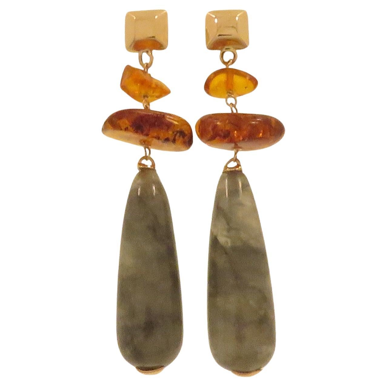 Drop Drop Earrings Grey Agate Amber Rose Gold Made in Italy