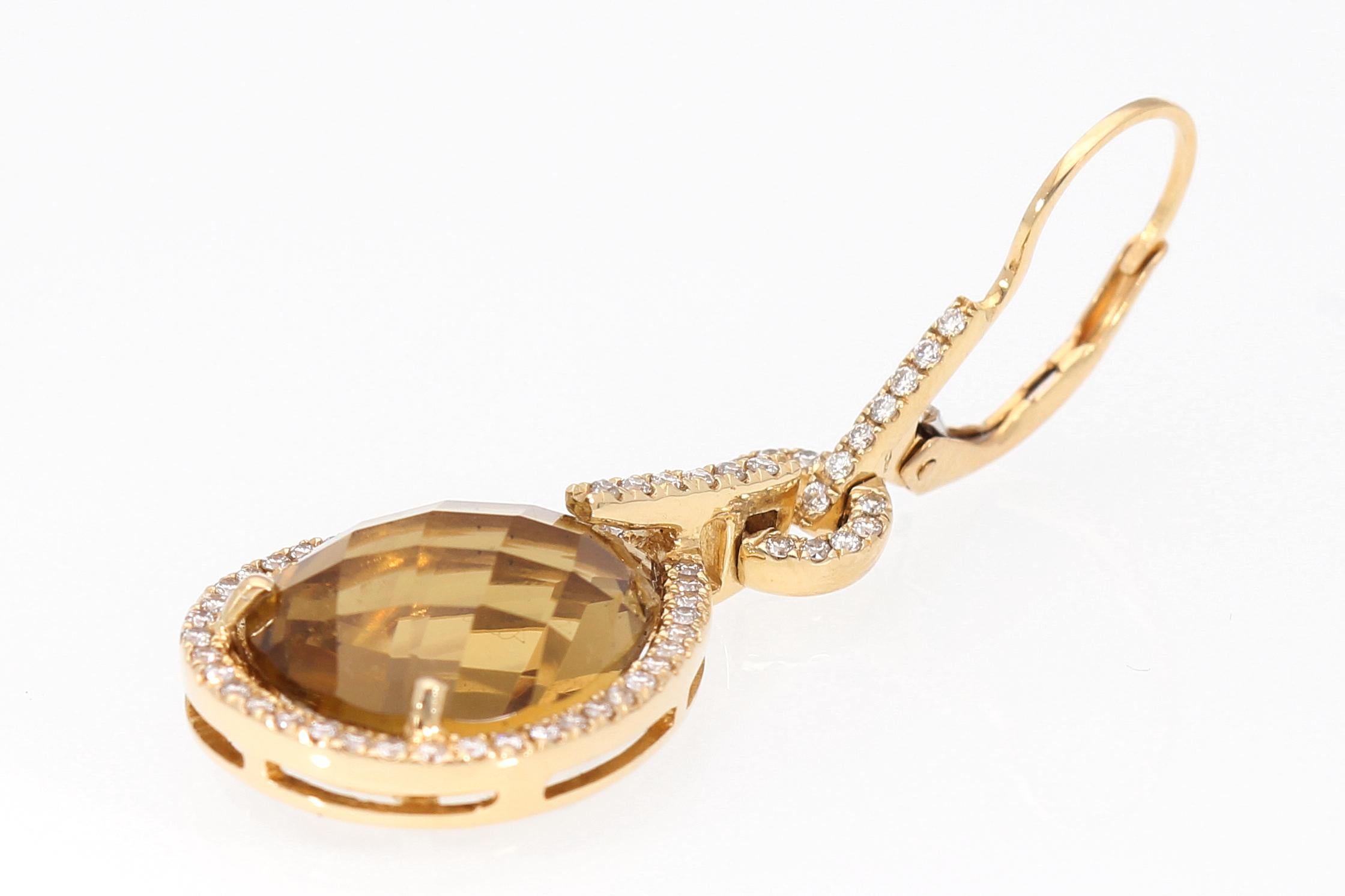 Briolette Cut Orecchini Pendenti con n° 124 Diamanti e Topazio Giallo, Oro 18kt Made in Italy For Sale