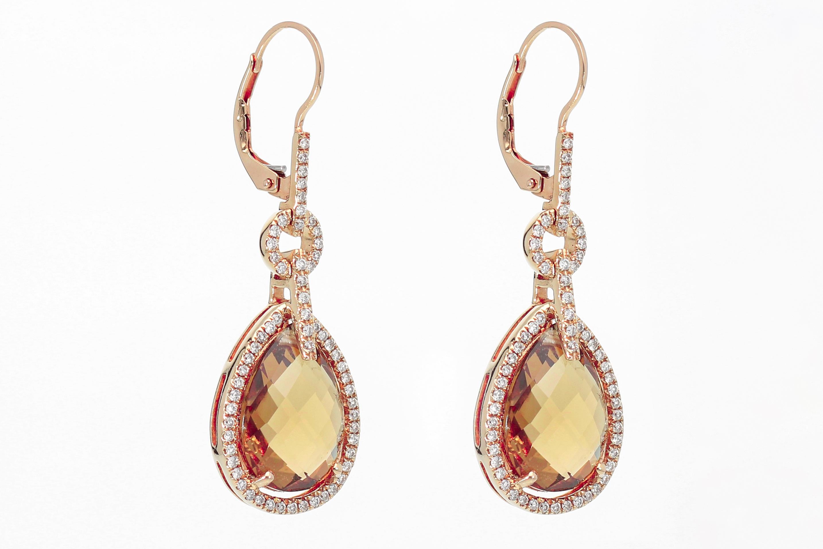 Women's Orecchini Pendenti con n° 124 Diamanti e Topazio Giallo, Oro 18kt Made in Italy For Sale